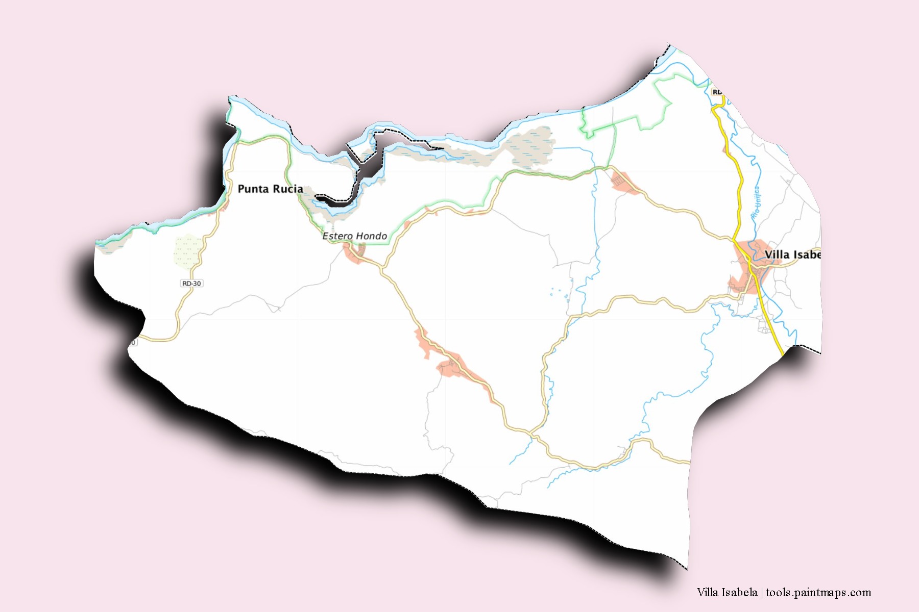 Mapa de barrios y pueblos de Villa Isabela con efecto de sombra 3D