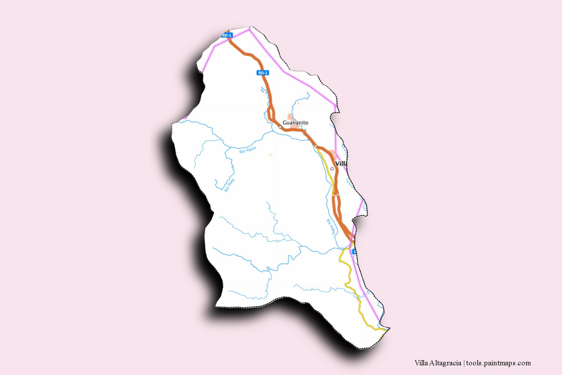 Mapa de barrios y pueblos de Villa Altagracia con efecto de sombra 3D