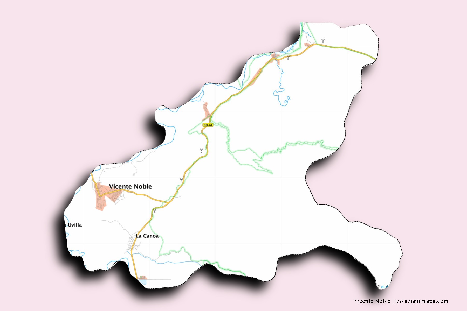 Mapa de barrios y pueblos de Vicente Noble con efecto de sombra 3D