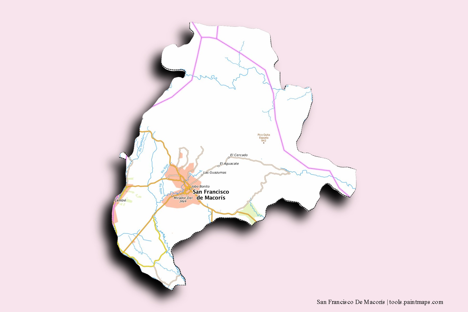 Mapa de barrios y pueblos de San Francisco De Macorís con efecto de sombra 3D