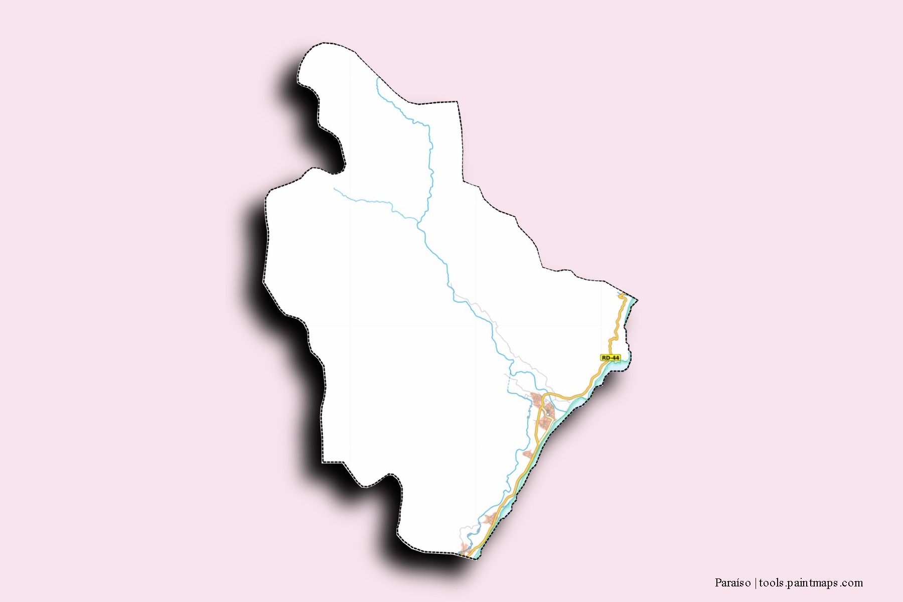 Mapa de barrios y pueblos de Paraíso con efecto de sombra 3D