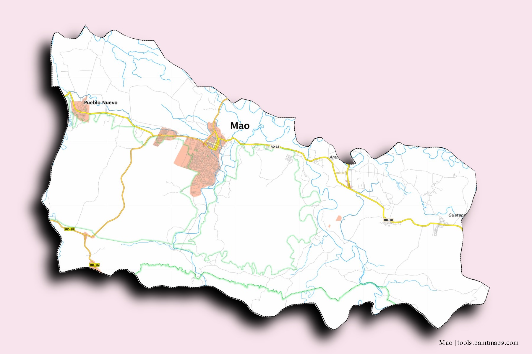 Mapa de barrios y pueblos de Mao con efecto de sombra 3D