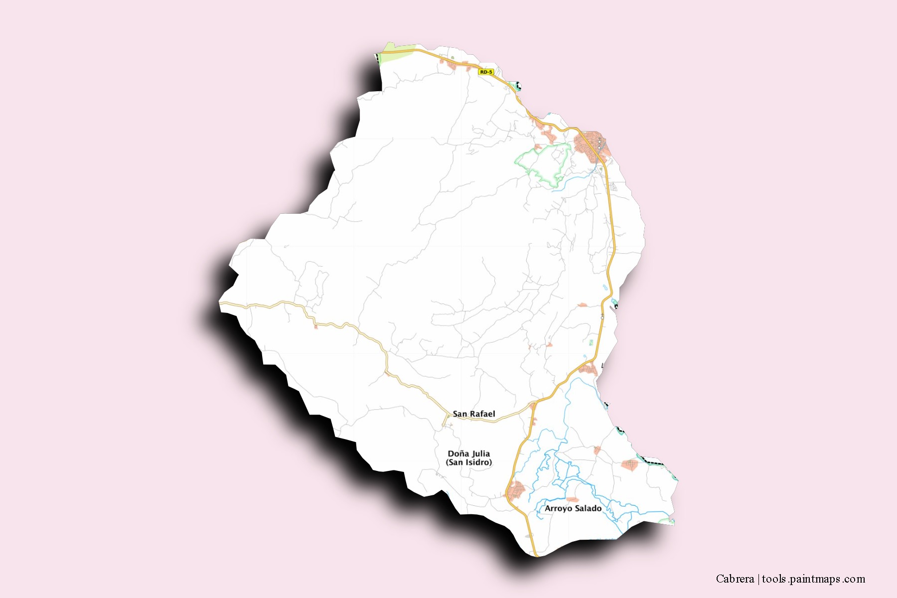 Mapa de barrios y pueblos de Cabrera con efecto de sombra 3D