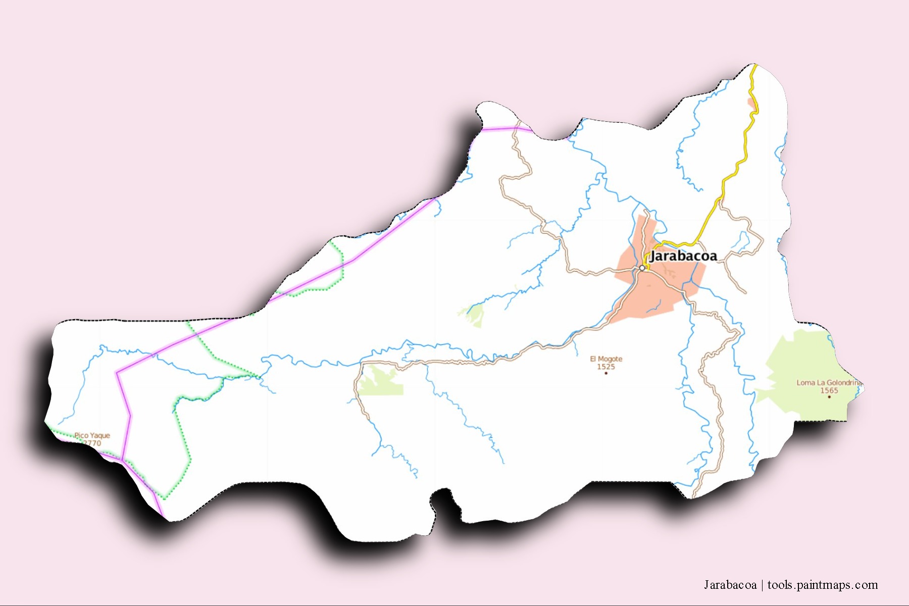 Mapa de barrios y pueblos de Jarabacoa con efecto de sombra 3D