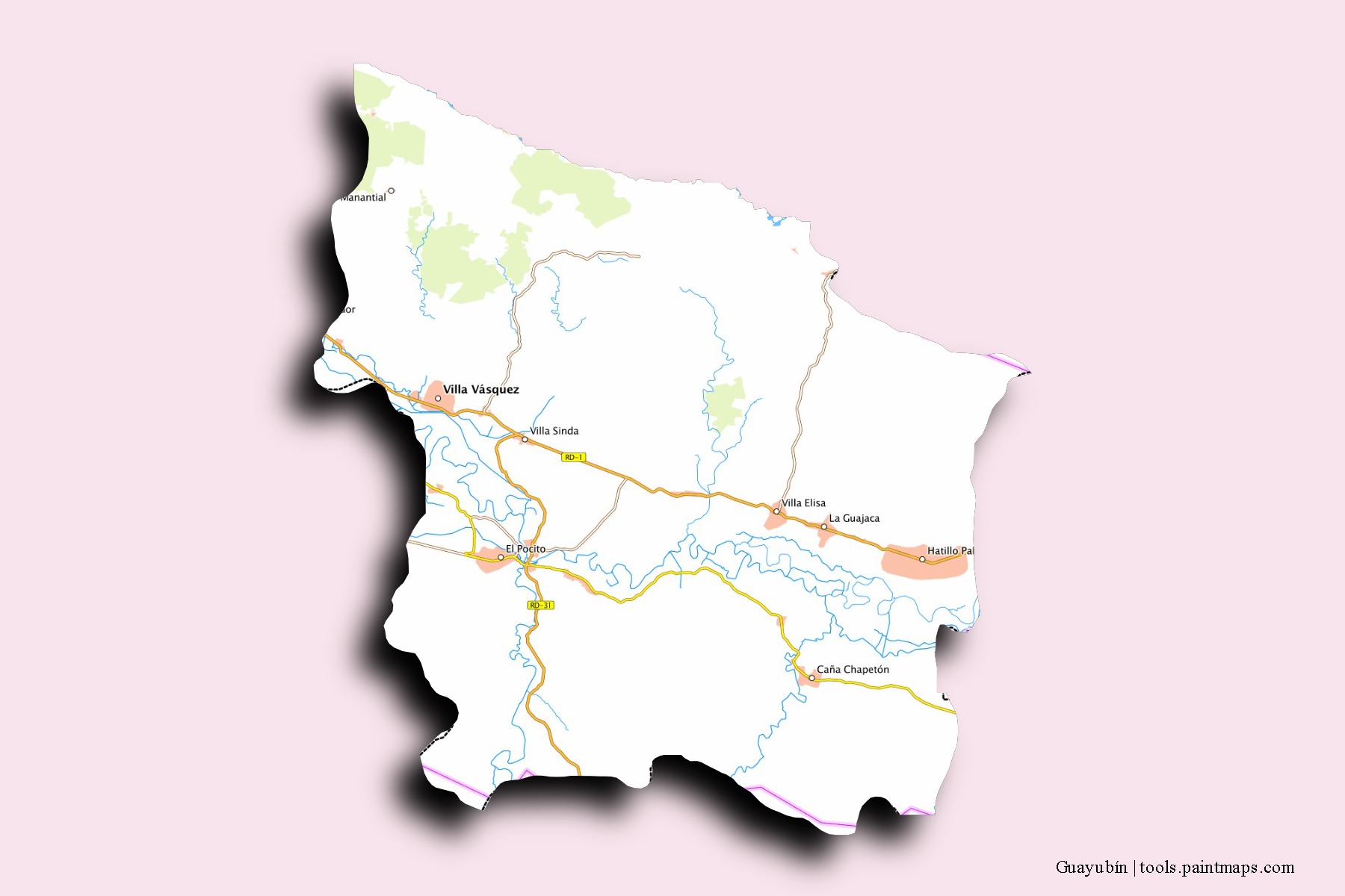 Mapa de barrios y pueblos de Guayubín con efecto de sombra 3D