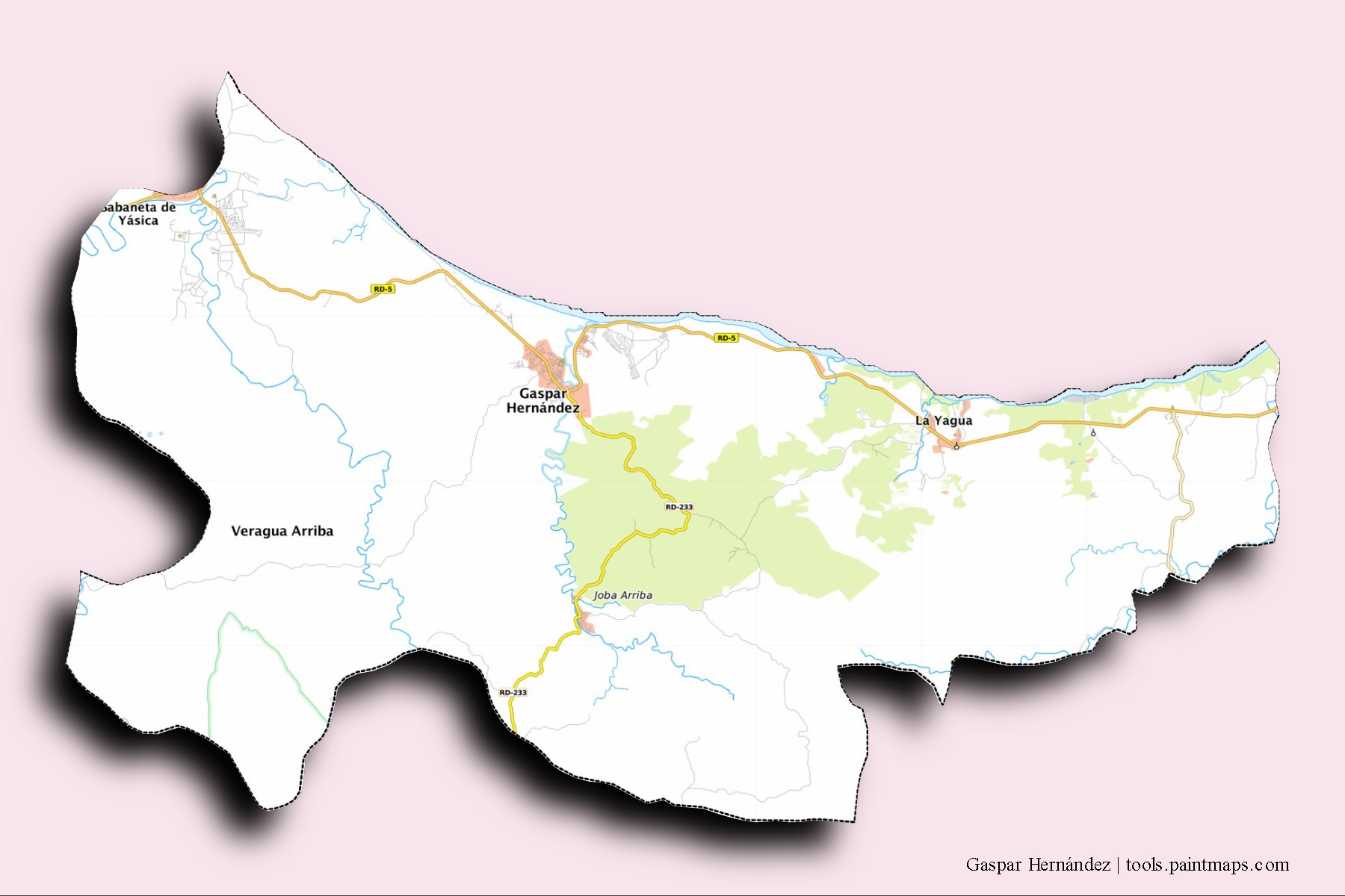 Mapa de barrios y pueblos de Gaspar Hernández con efecto de sombra 3D