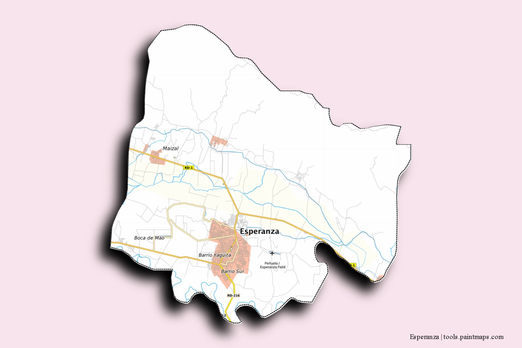 Mapa de barrios y pueblos de Esperanza con efecto de sombra 3D