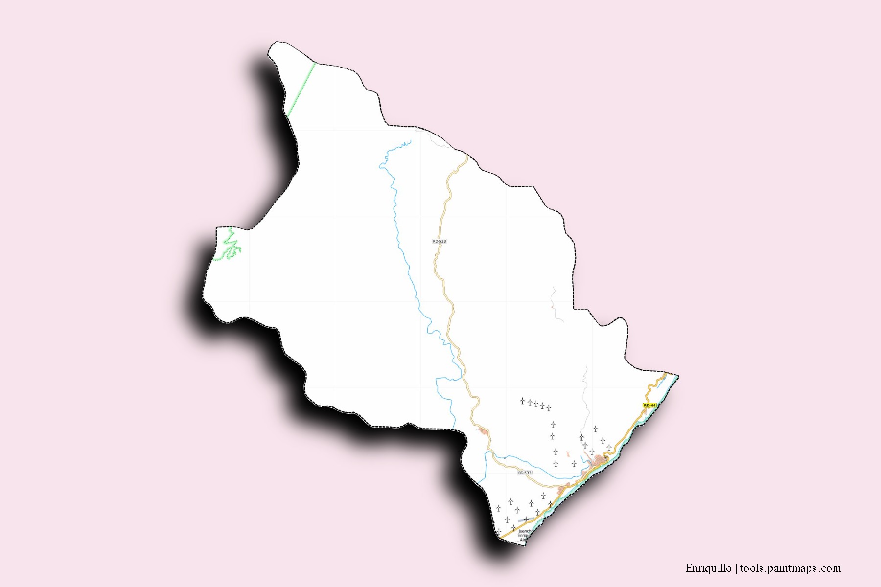 Mapa de barrios y pueblos de Enriquillo con efecto de sombra 3D