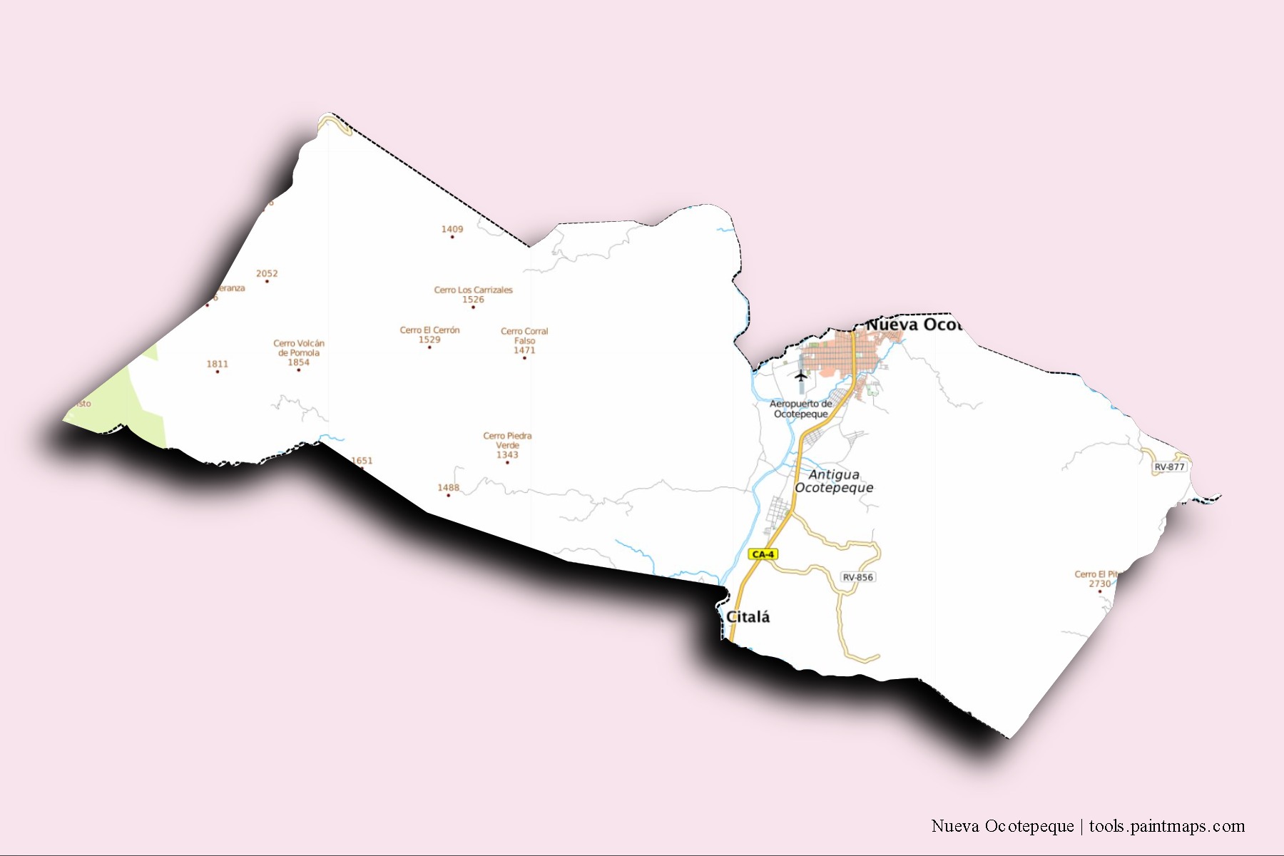 Mapa de barrios y pueblos de Nueva Ocotepeque con efecto de sombra 3D