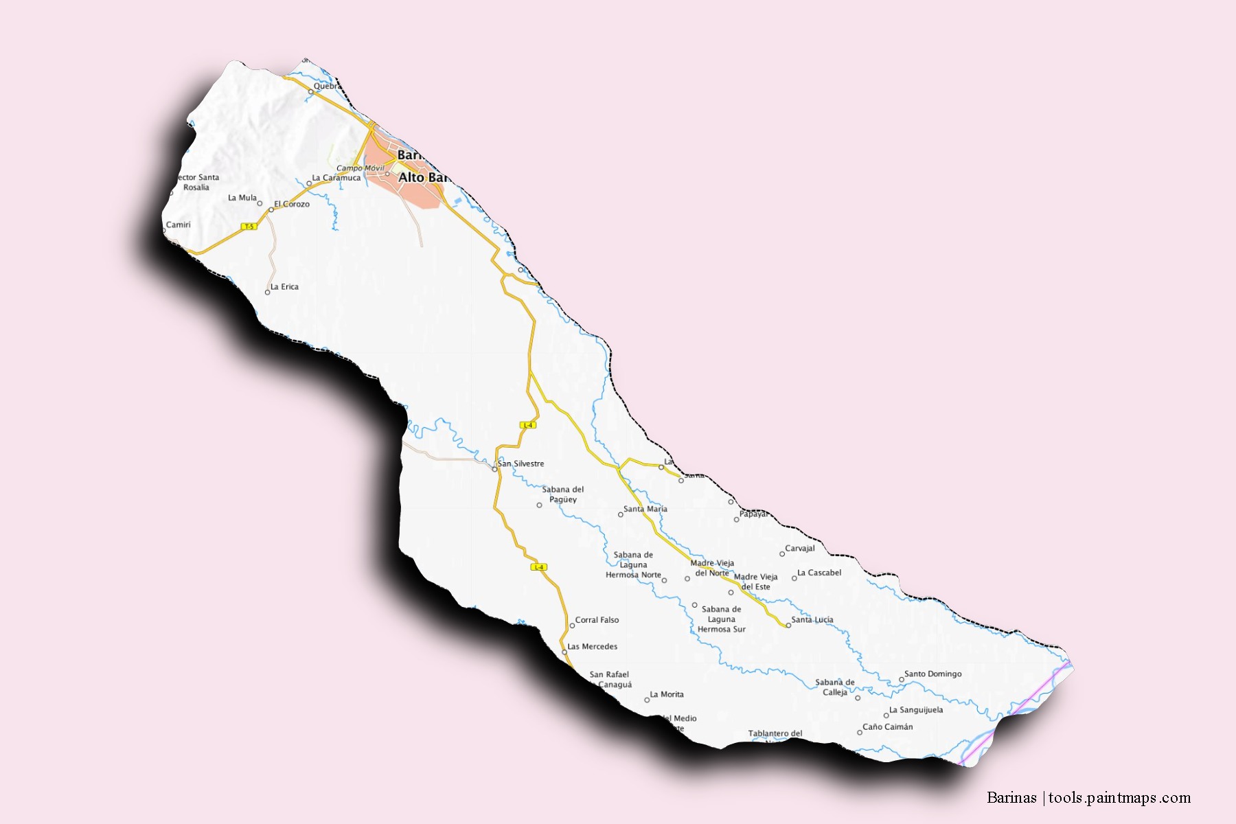 Mapa de barrios y pueblos de Barinas con efecto de sombra 3D