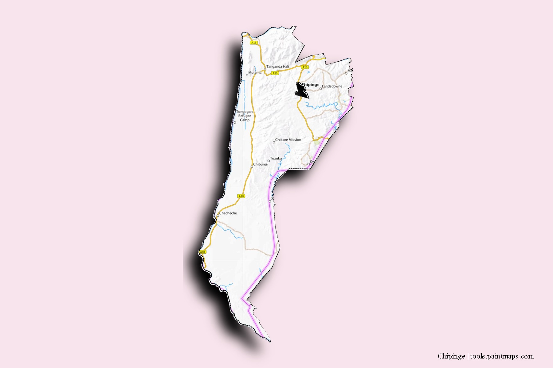 Mapa de barrios y pueblos de Chipinge con efecto de sombra 3D