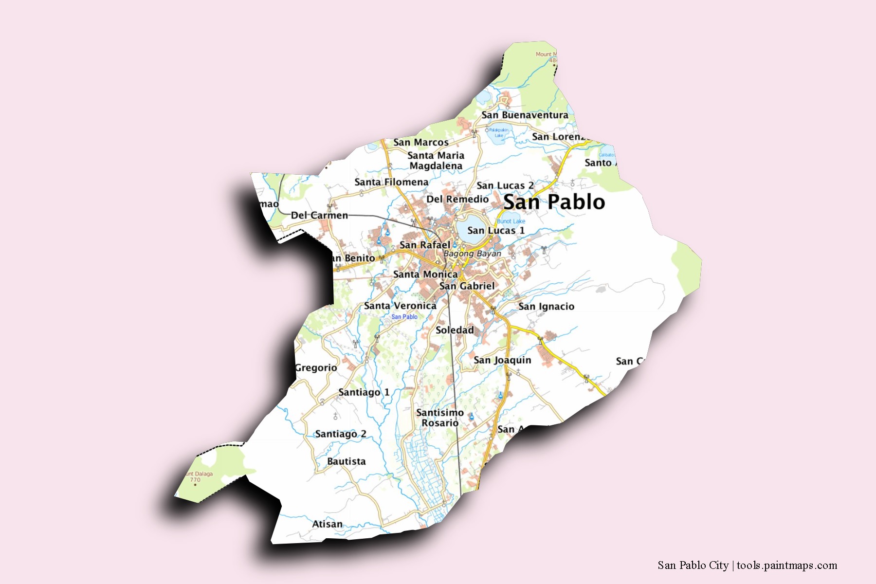 Mapa de barrios y pueblos de San Pablo City con efecto de sombra 3D