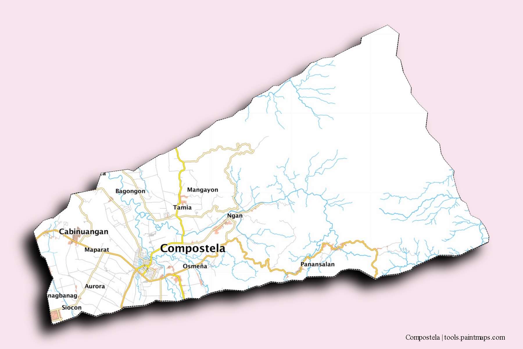 Province of Compostela Valley neighborhoods and villages map with 3D shadow effect