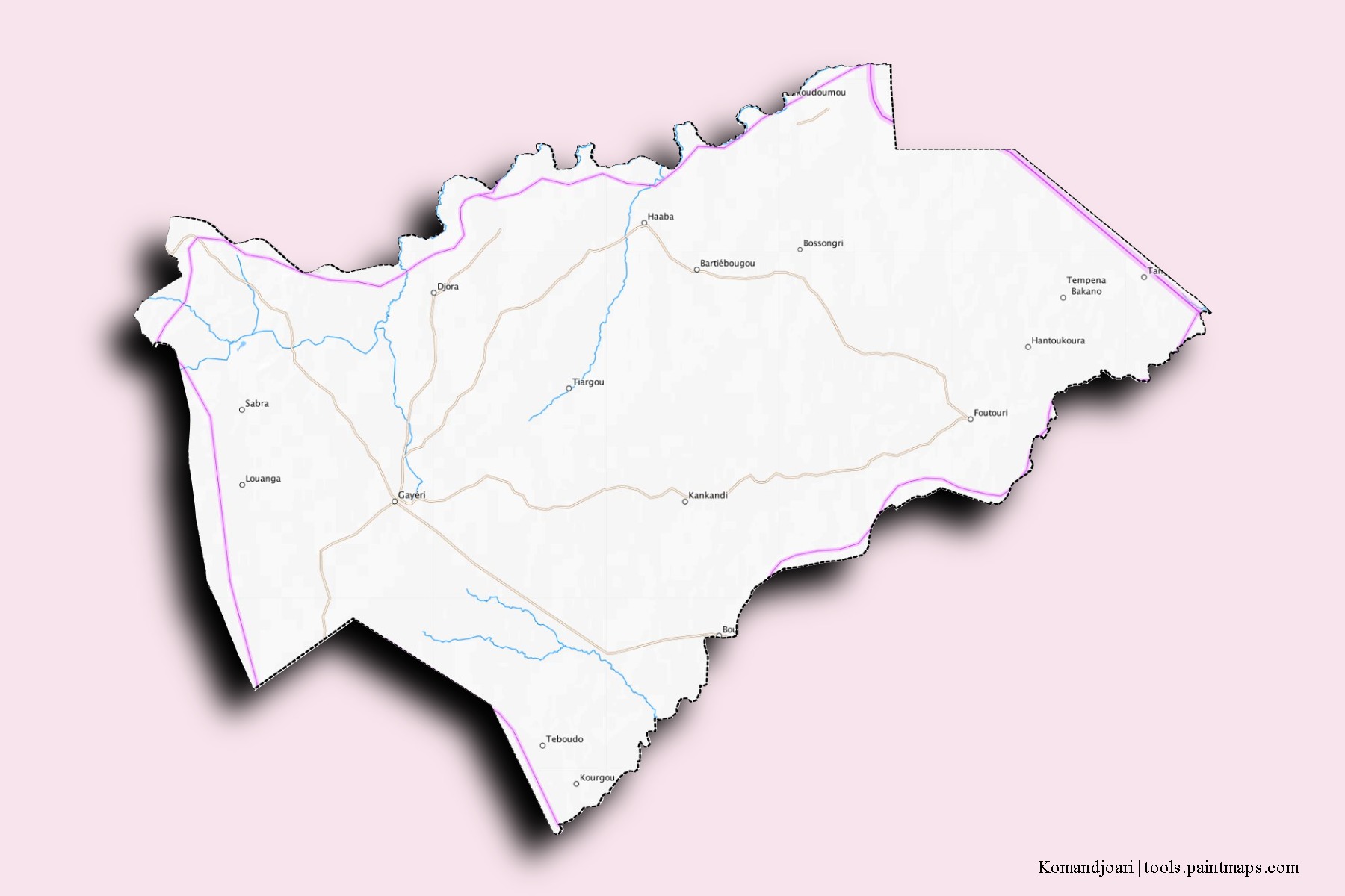 Komandjoari neighborhoods and villages map with 3D shadow effect