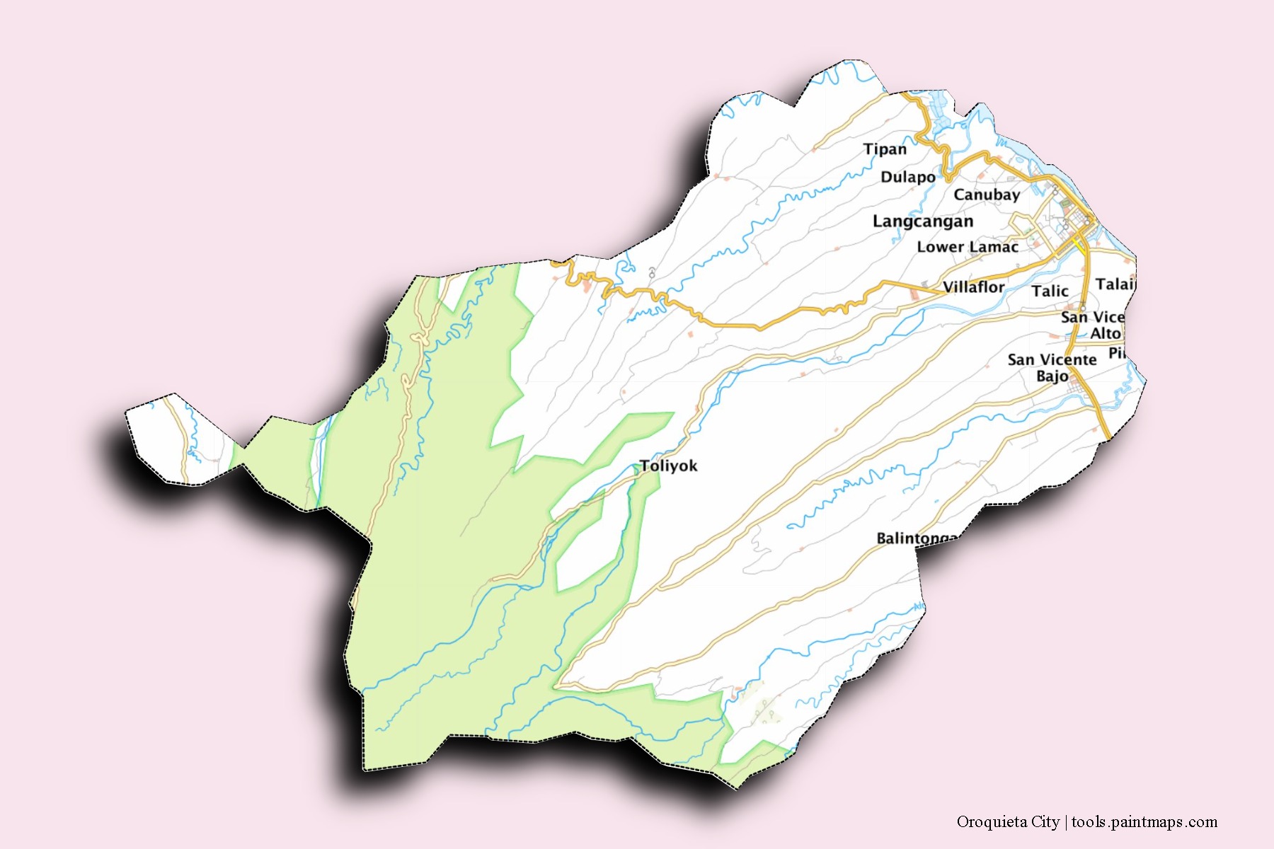 Oroquieta neighborhoods and villages map with 3D shadow effect