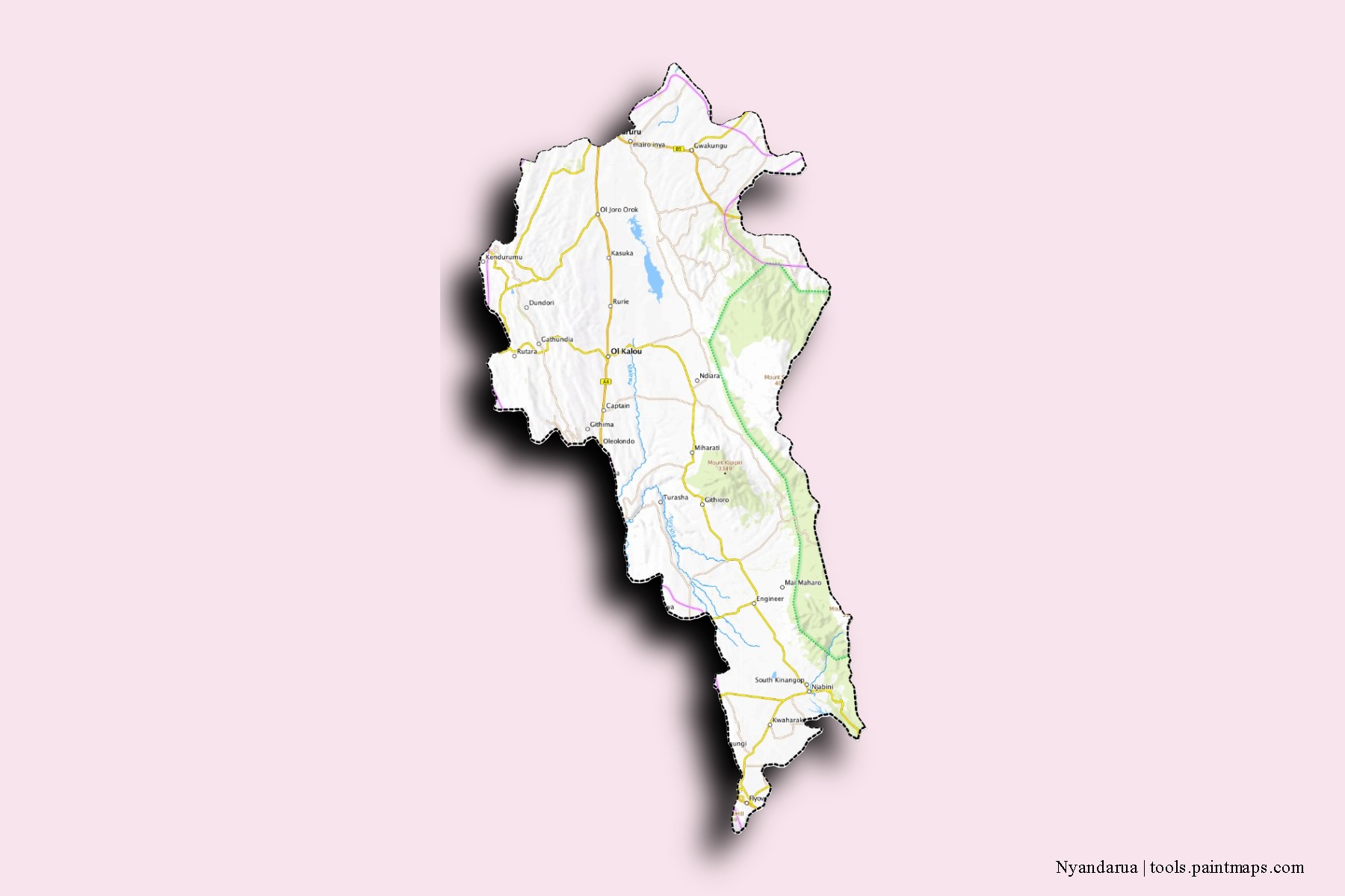 Nyandarua neighborhoods and villages map with 3D shadow effect