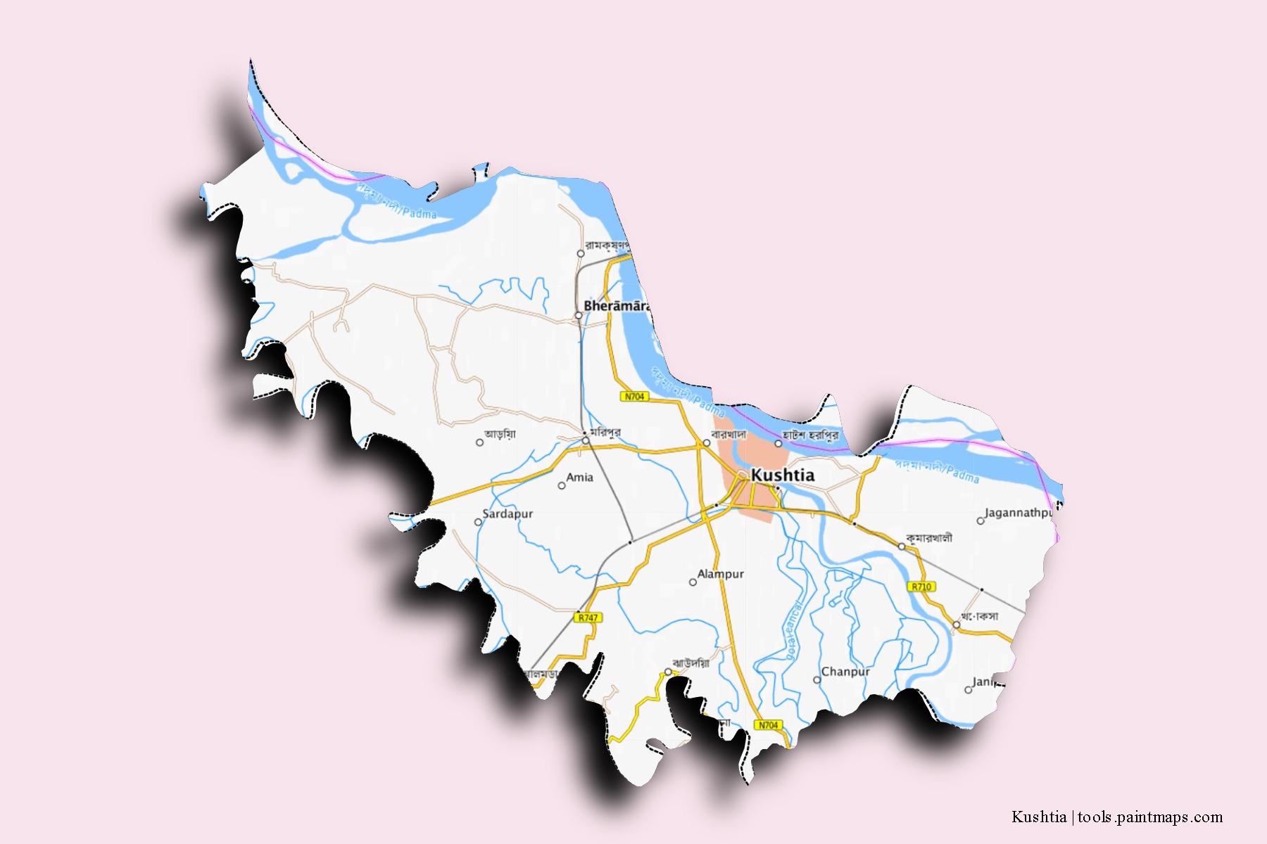 Mapa de barrios y pueblos de Kushtia con efecto de sombra 3D