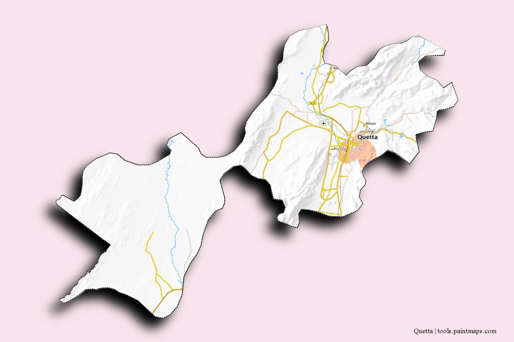 Mapa de barrios y pueblos de Quetta con efecto de sombra 3D