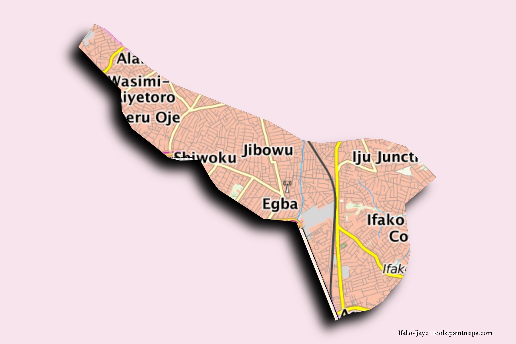 Ifako-Ijaye neighborhoods and villages map with 3D shadow effect