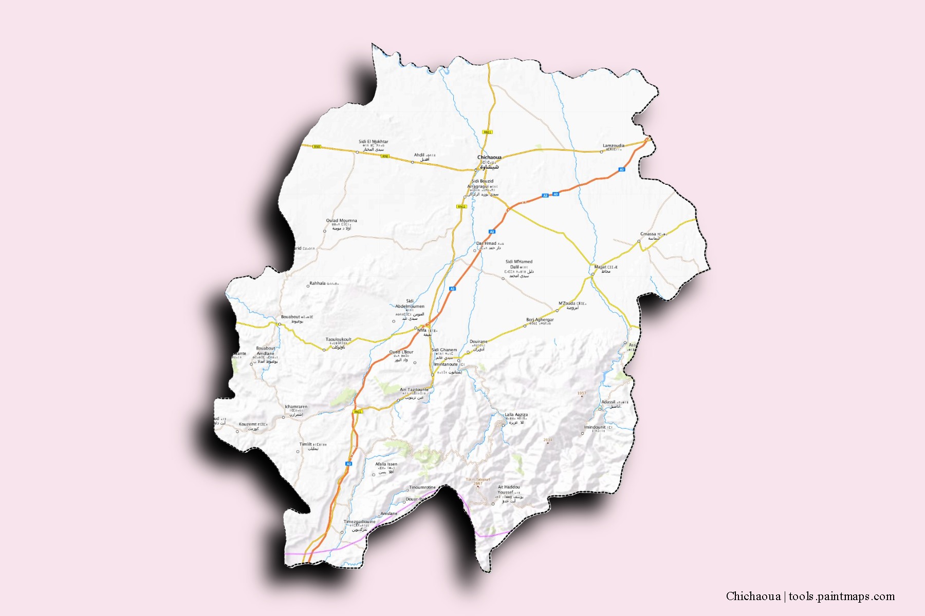 Mapa de barrios y pueblos de Chichaoua con efecto de sombra 3D