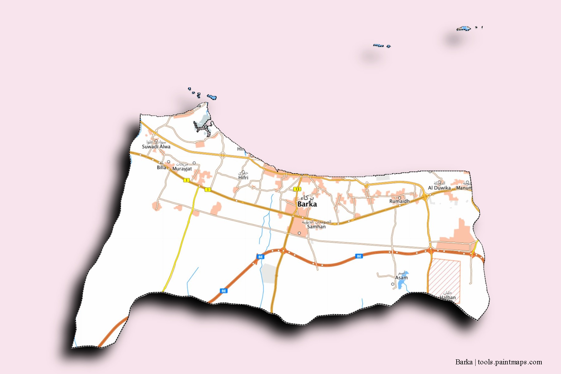 Barka neighborhoods and villages map with 3D shadow effect