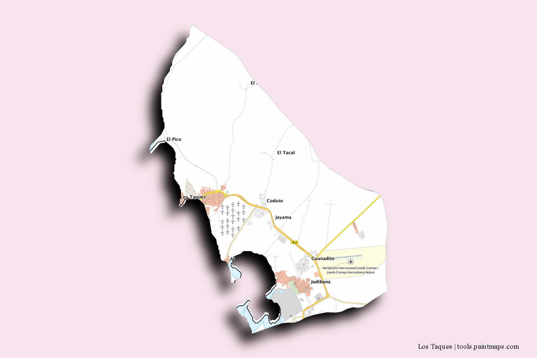 Mapa de barrios y pueblos de Los Taques con efecto de sombra 3D