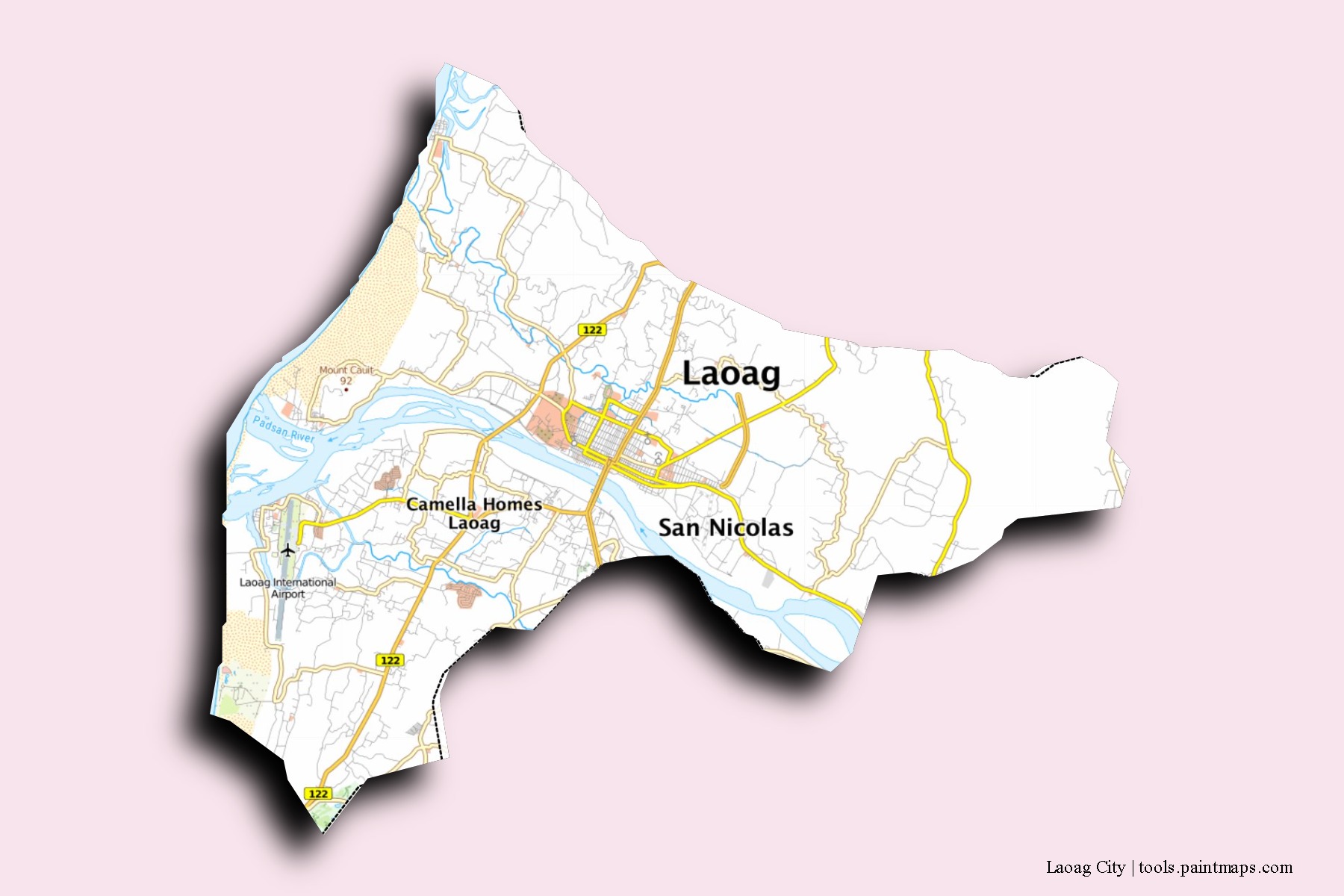 Mapa de barrios y pueblos de Laoag City con efecto de sombra 3D