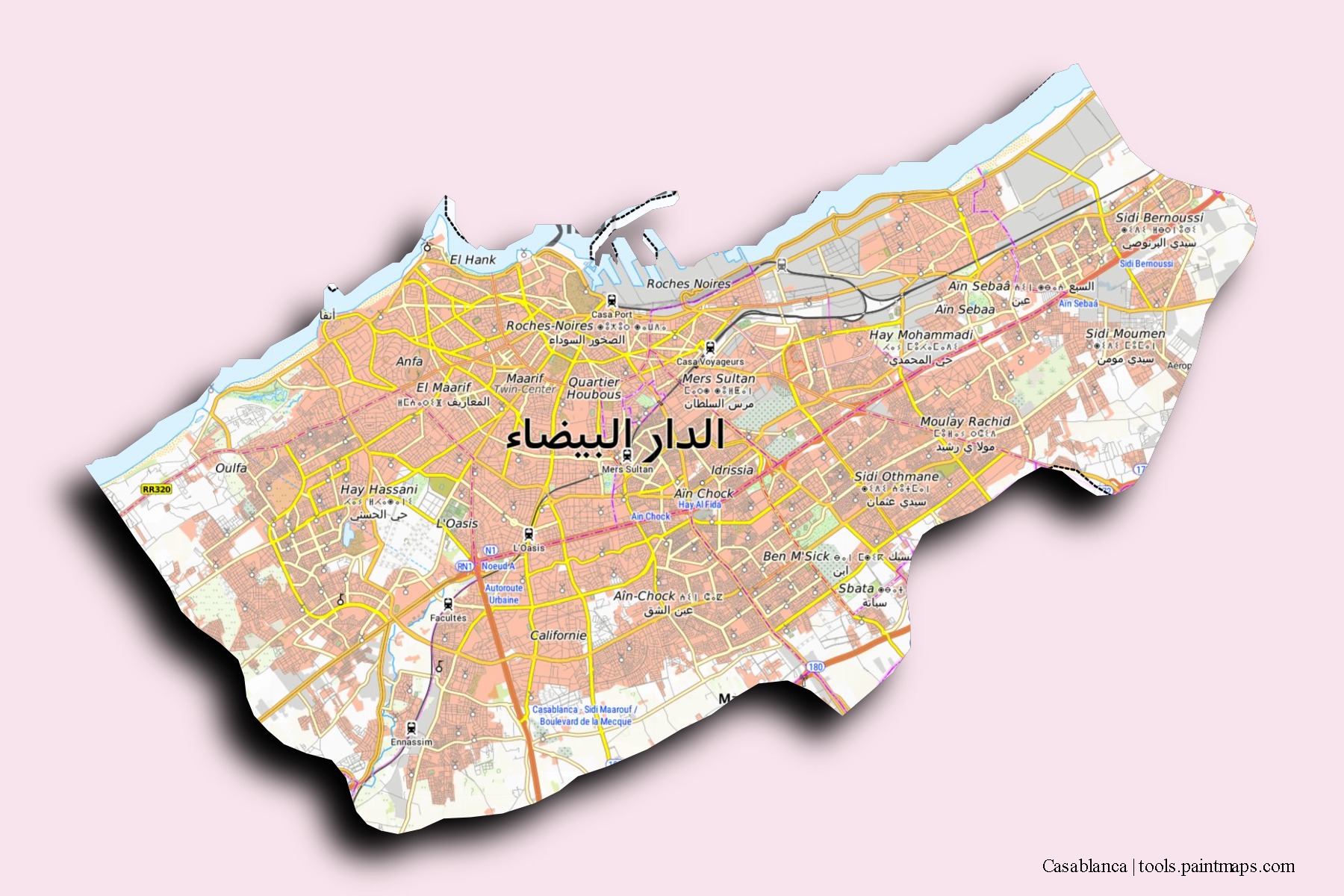 Mapa de barrios y pueblos de Casablanca con efecto de sombra 3D