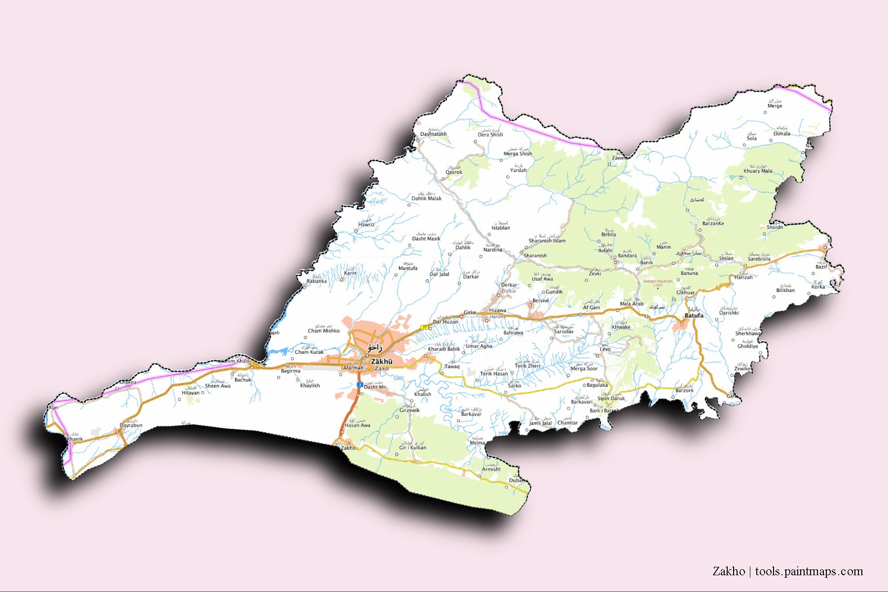 Zakho neighborhoods and villages map with 3D shadow effect