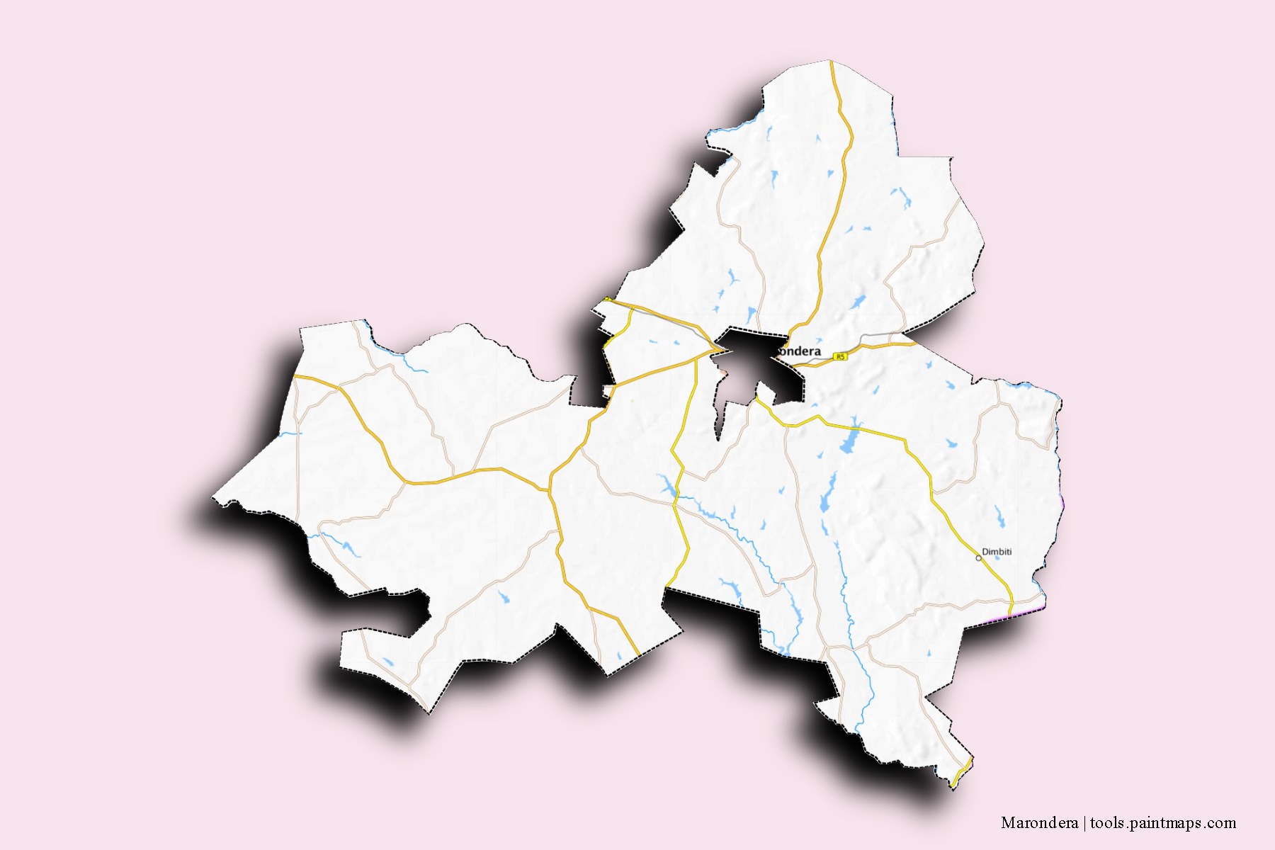 3D gölge efektli Marondera mahalleleri ve köyleri haritası