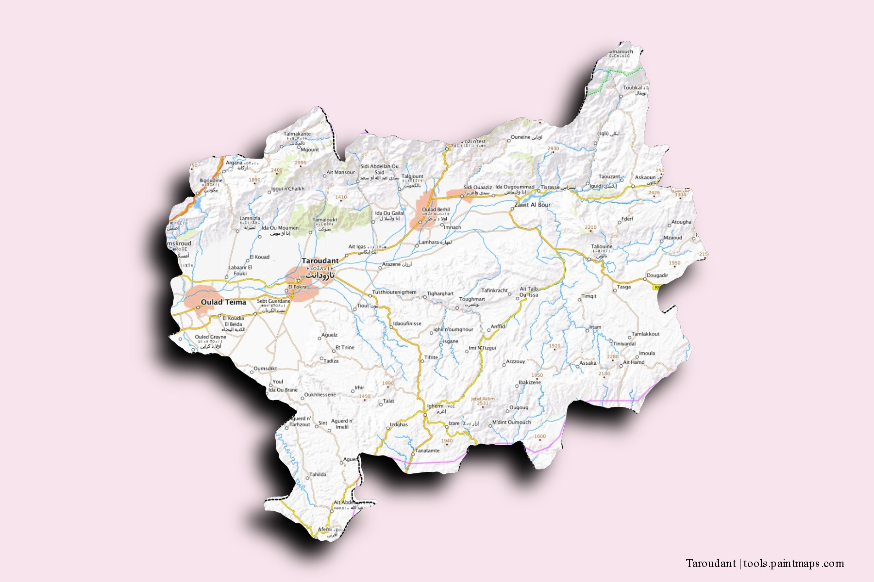 Mapa de barrios y pueblos de Taroudant con efecto de sombra 3D