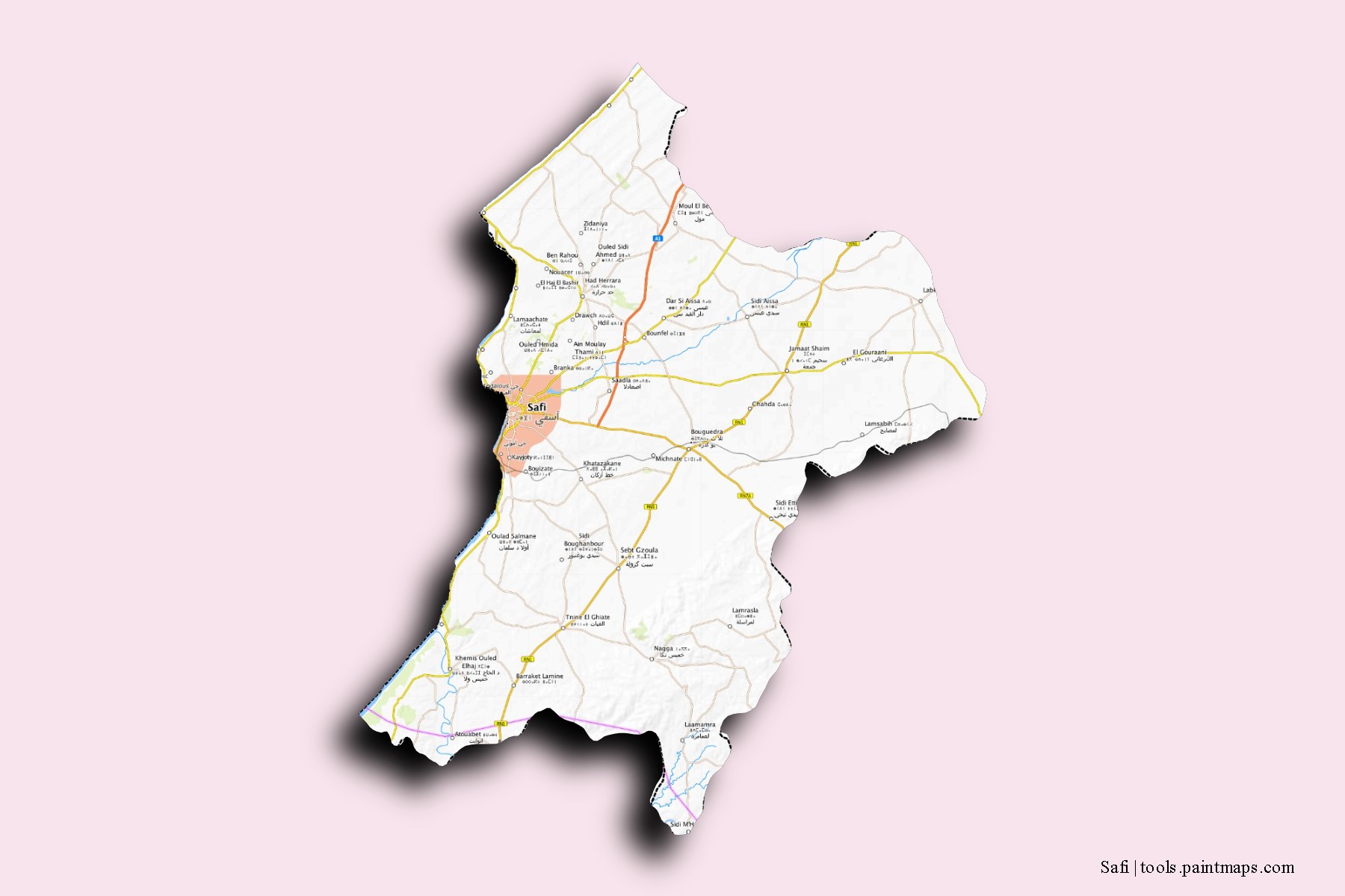 Mapa de barrios y pueblos de Safi con efecto de sombra 3D