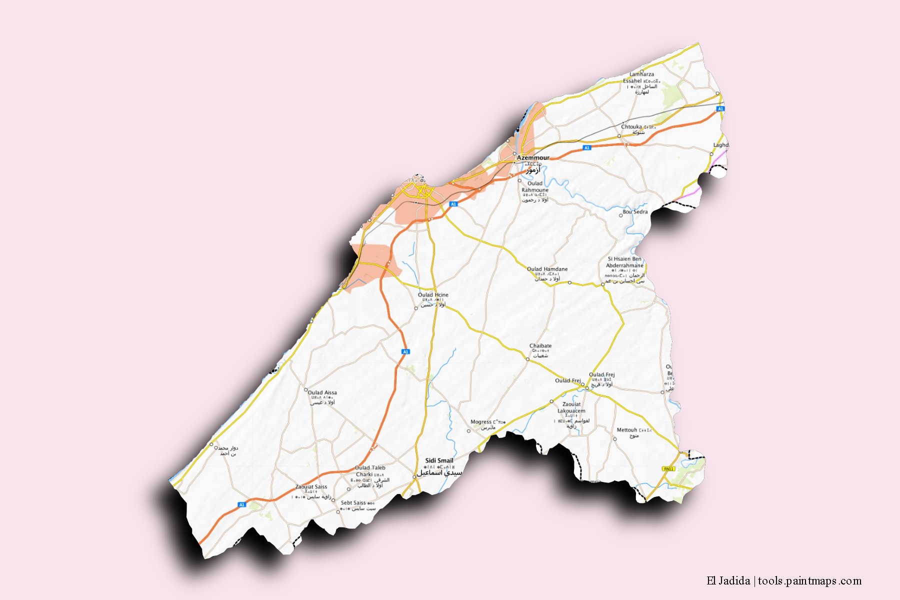 Mapa de barrios y pueblos de El Jadida con efecto de sombra 3D