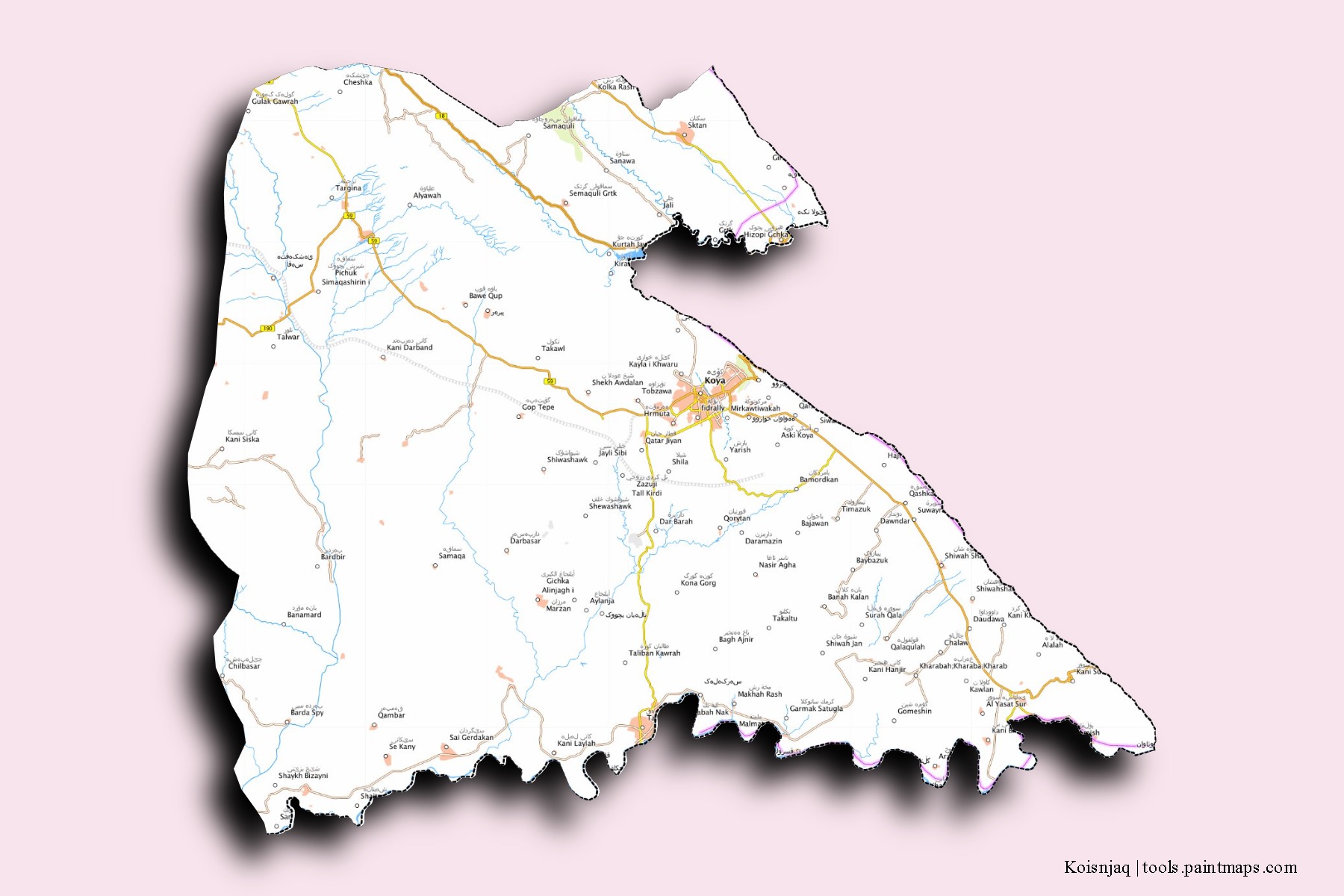 Mapa de barrios y pueblos de Koisnjaq con efecto de sombra 3D