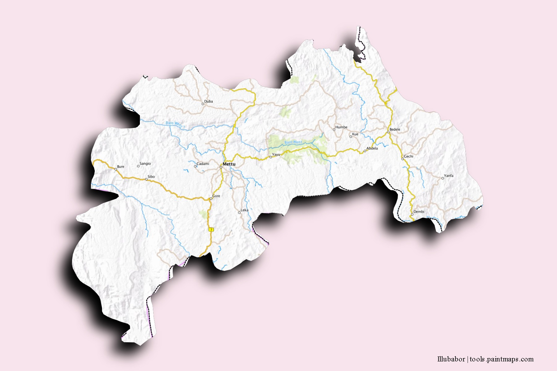 Mapa de barrios y pueblos de Illubabor con efecto de sombra 3D