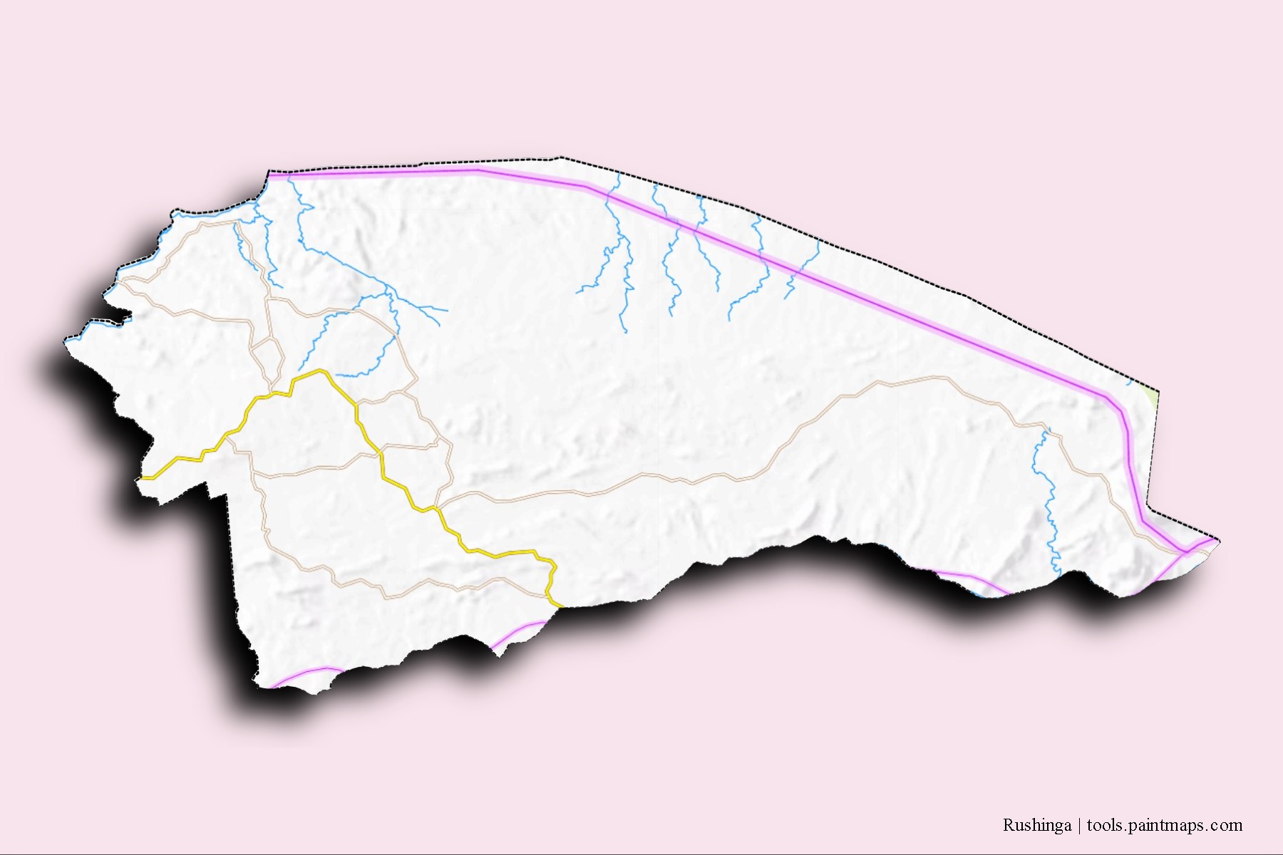 Mapa de barrios y pueblos de Rushinga con efecto de sombra 3D