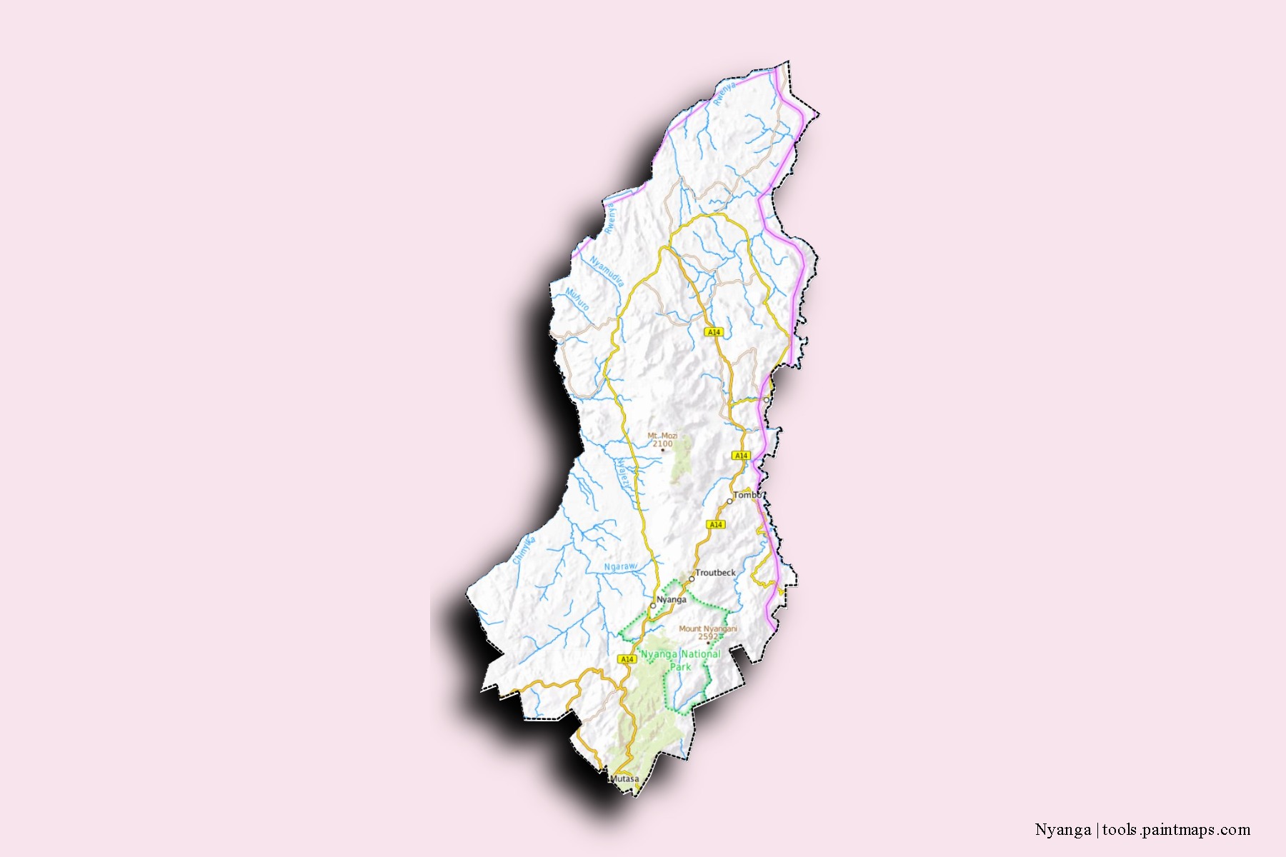 Mapa de barrios y pueblos de Nyanga con efecto de sombra 3D