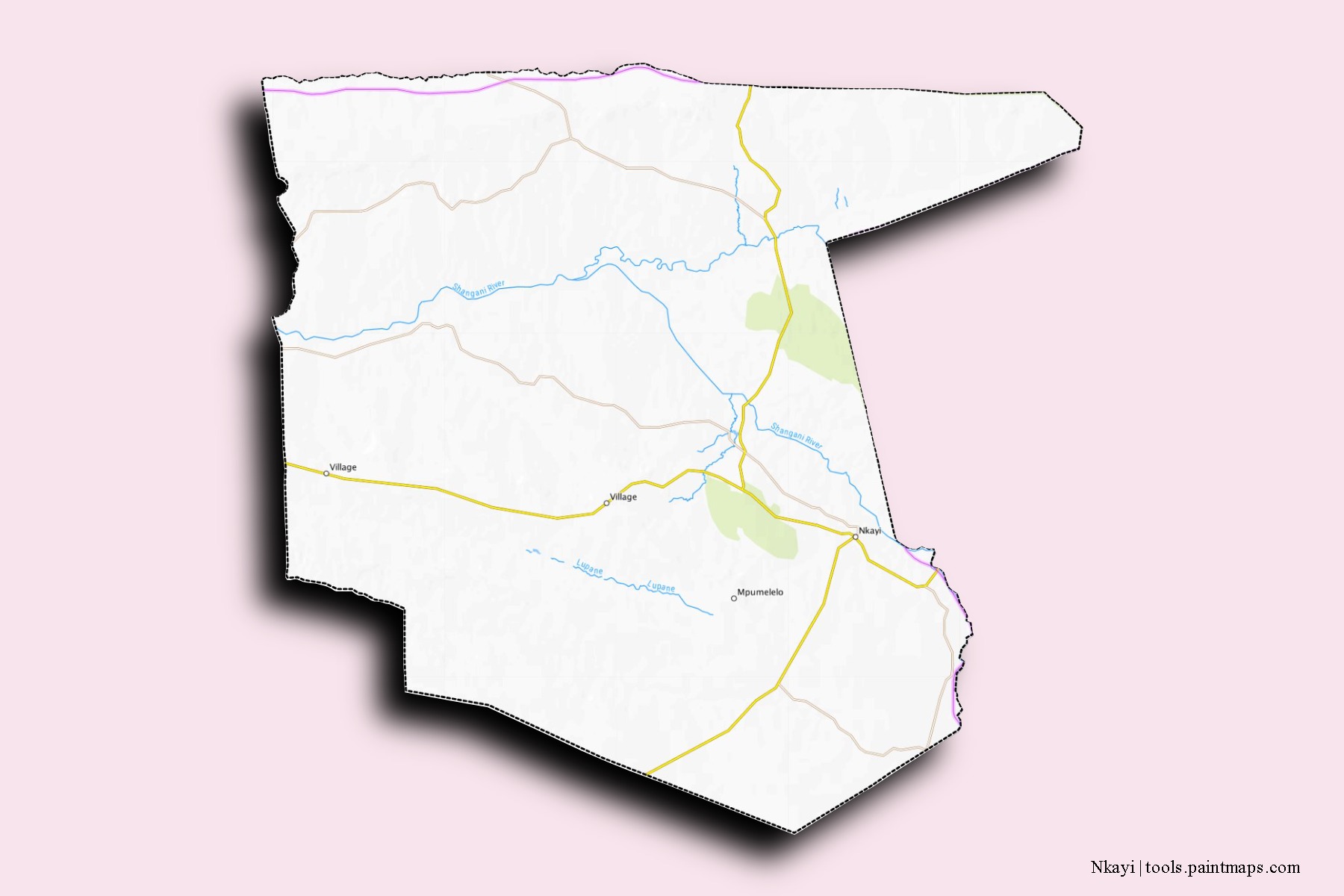 Mapa de barrios y pueblos de Nkayi con efecto de sombra 3D