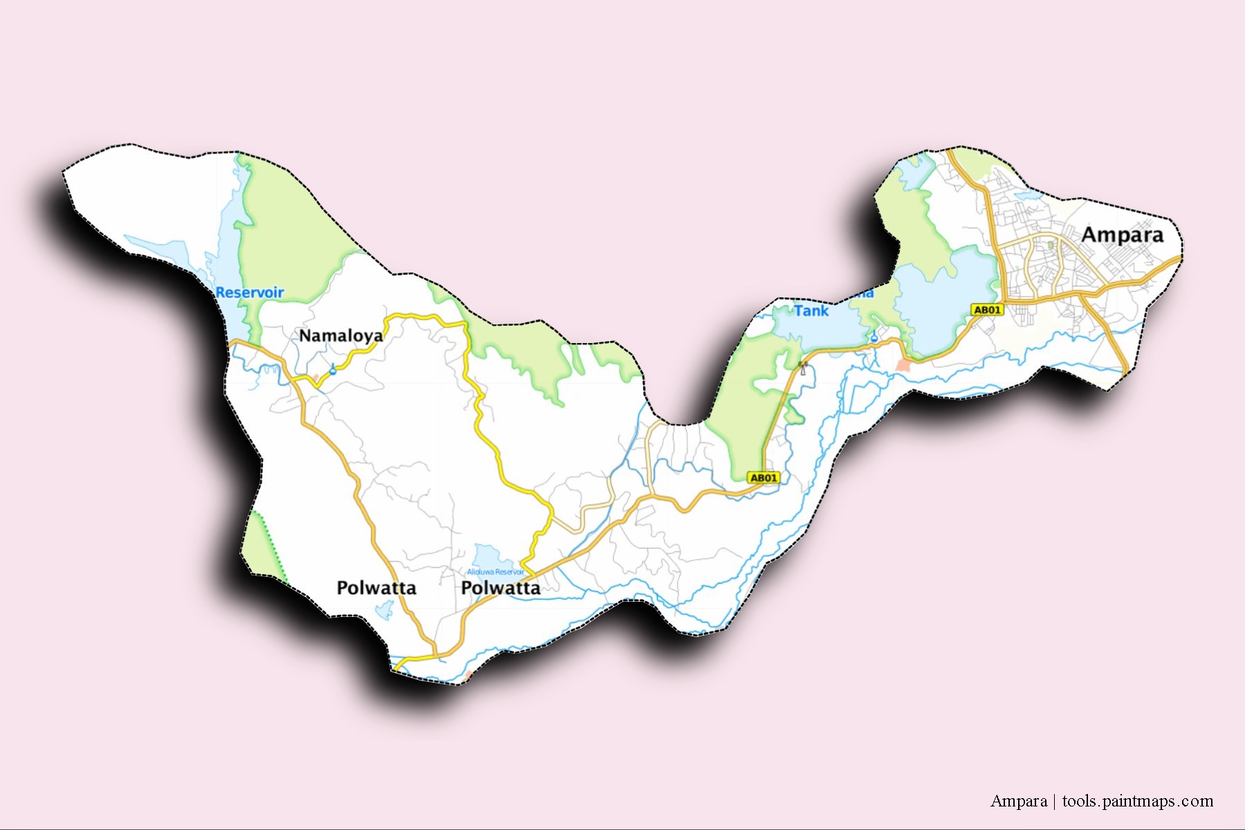 3D gölge efektli Ampara District mahalleleri ve köyleri haritası