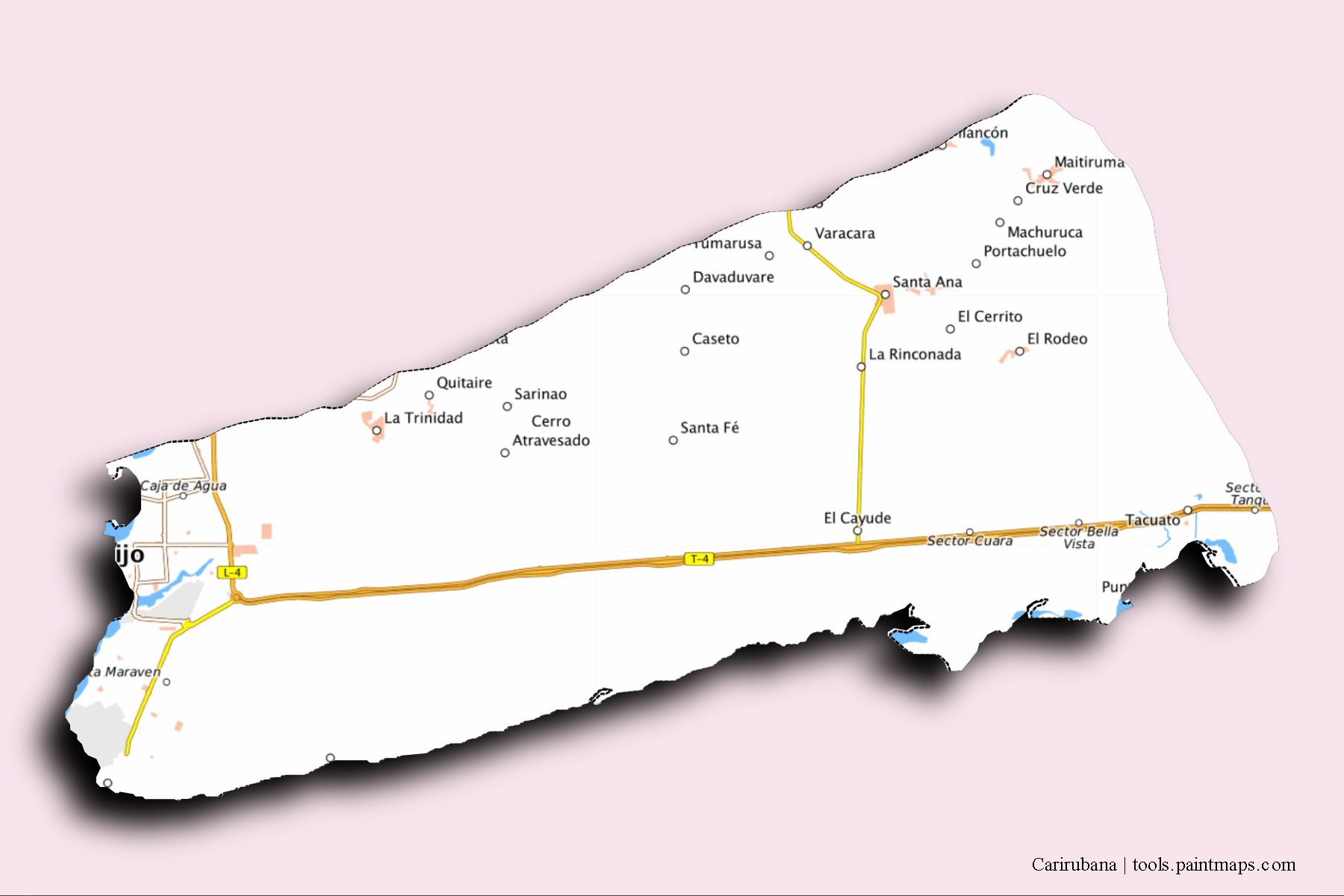 Mapa de barrios y pueblos de Carirubana con efecto de sombra 3D