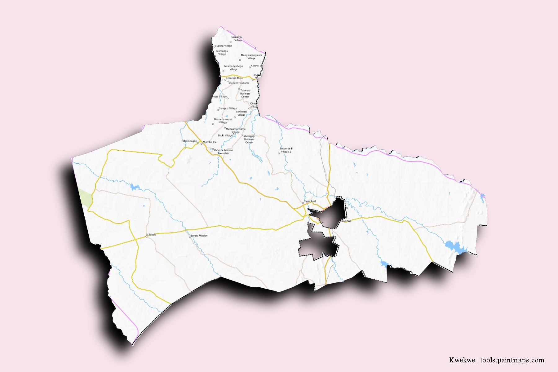 Mapa de barrios y pueblos de Kwekwe con efecto de sombra 3D