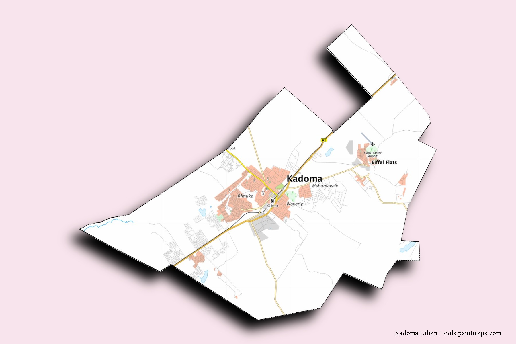 Mapa de barrios y pueblos de Kadoma Urban con efecto de sombra 3D