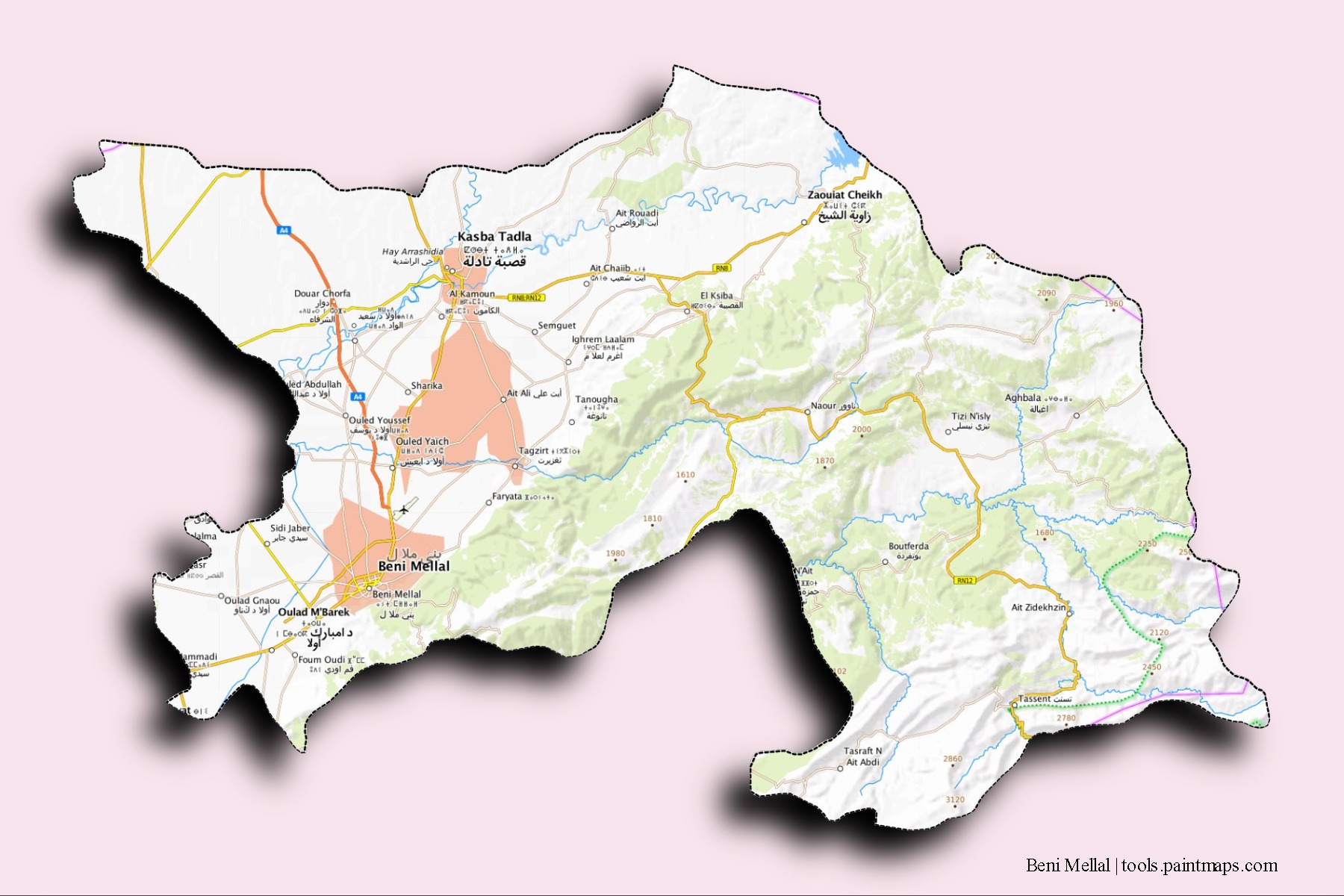 Mapa de barrios y pueblos de Beni Mellal con efecto de sombra 3D