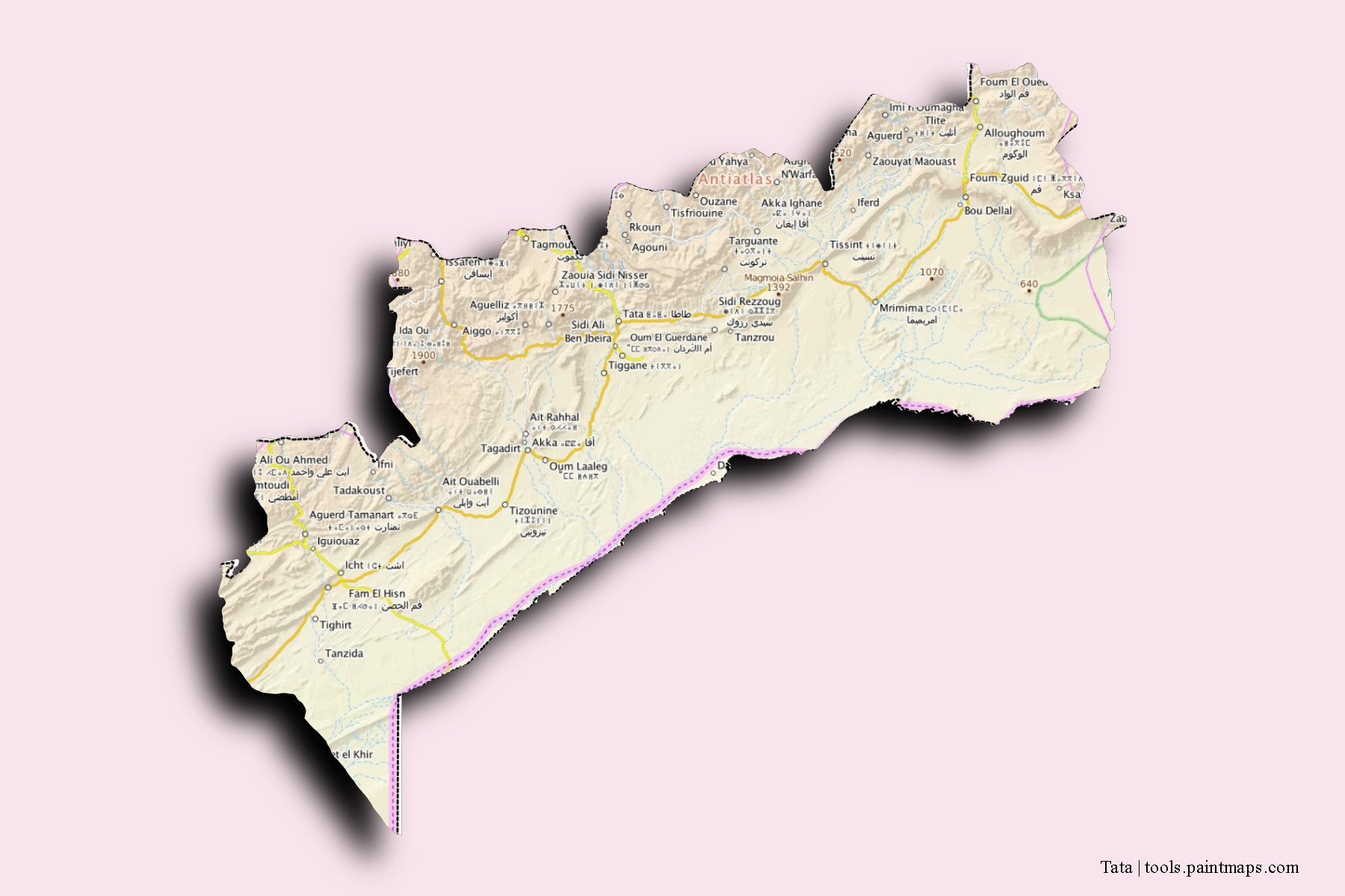 Mapa de barrios y pueblos de Tata con efecto de sombra 3D