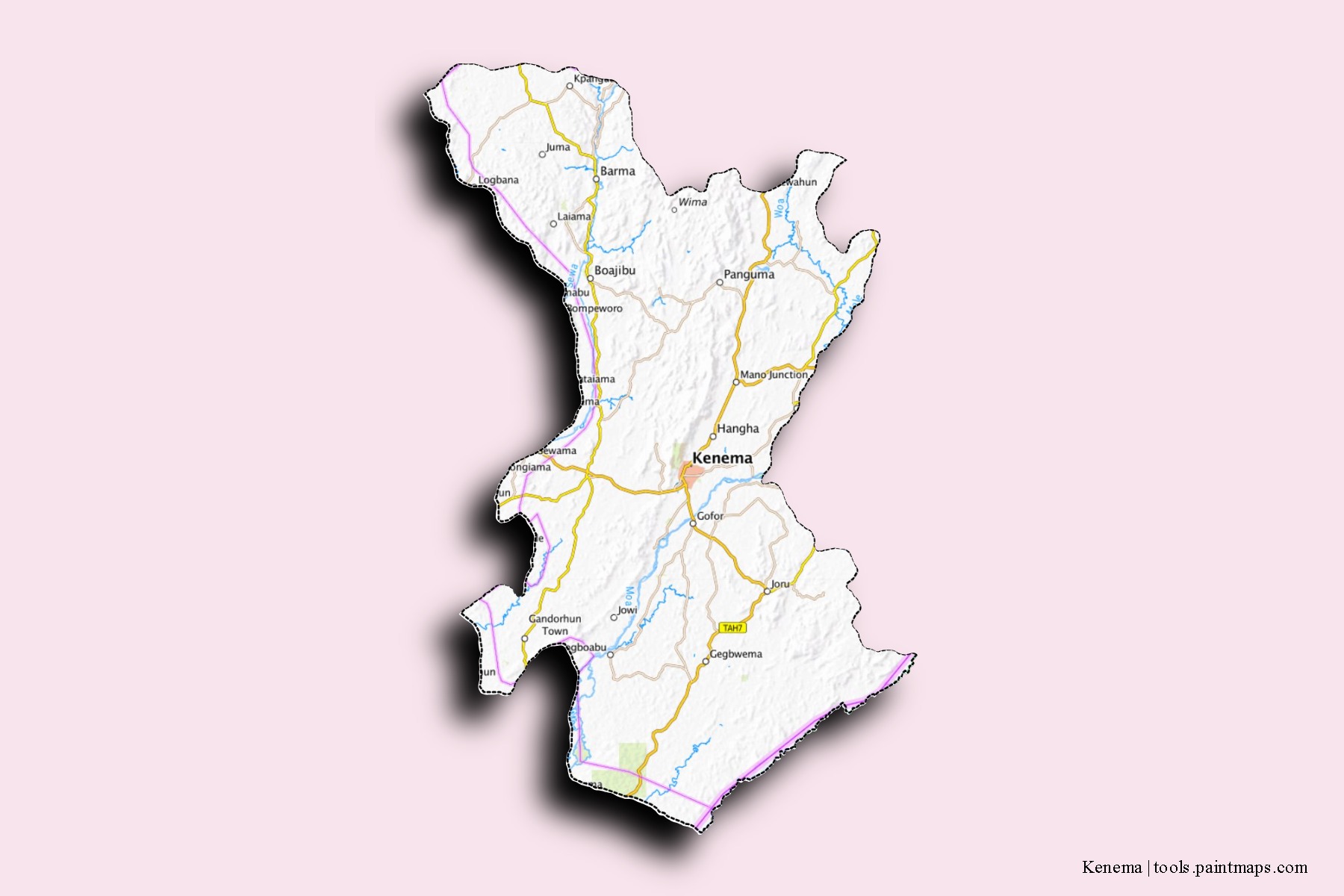 Mapa de barrios y pueblos de Kenema con efecto de sombra 3D