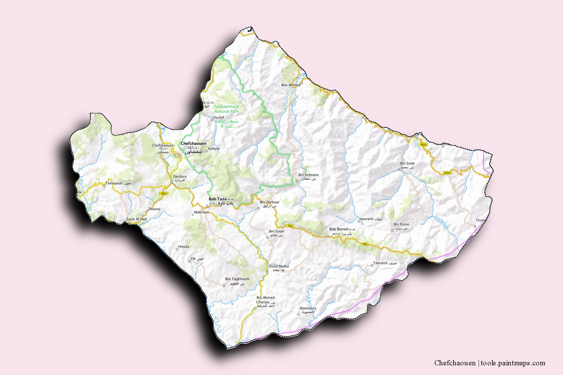 Mapa de barrios y pueblos de Chefchaouen con efecto de sombra 3D