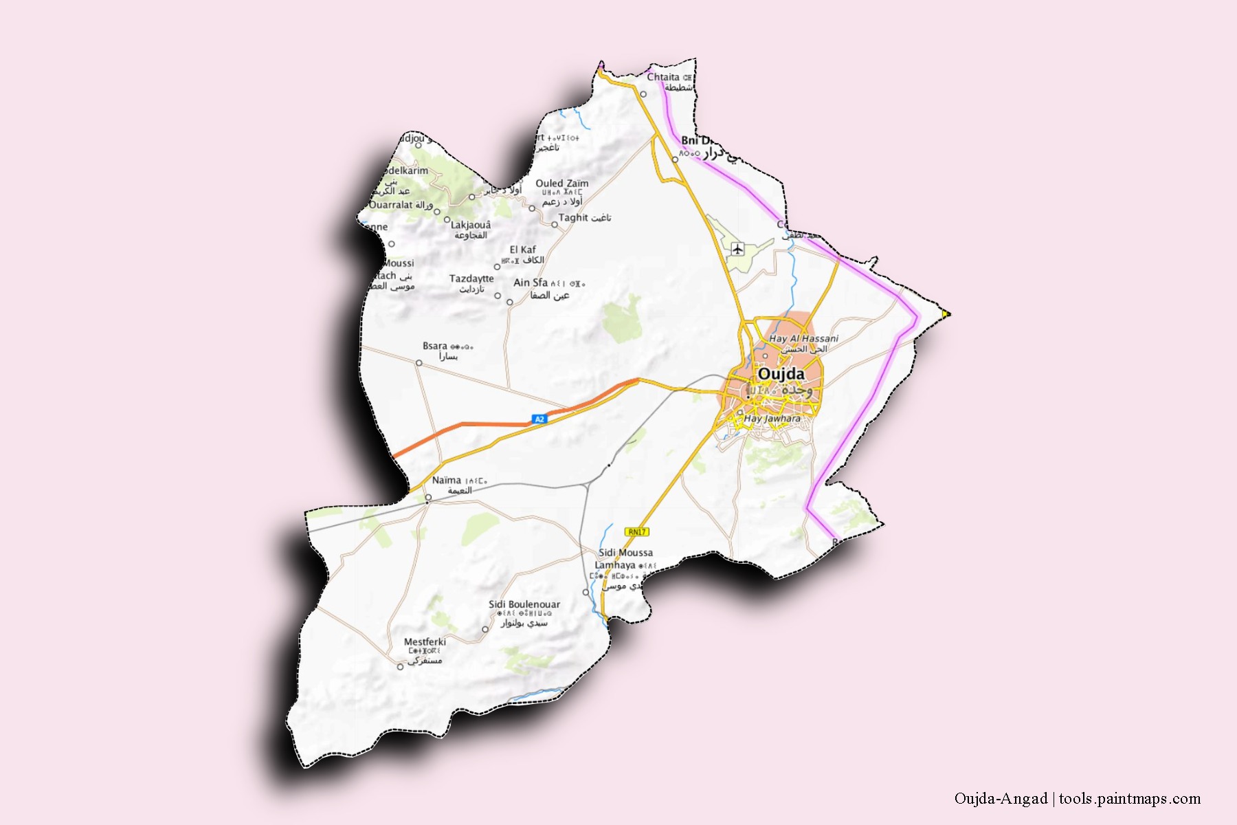 Oujda Angad neighborhoods and villages map with 3D shadow effect