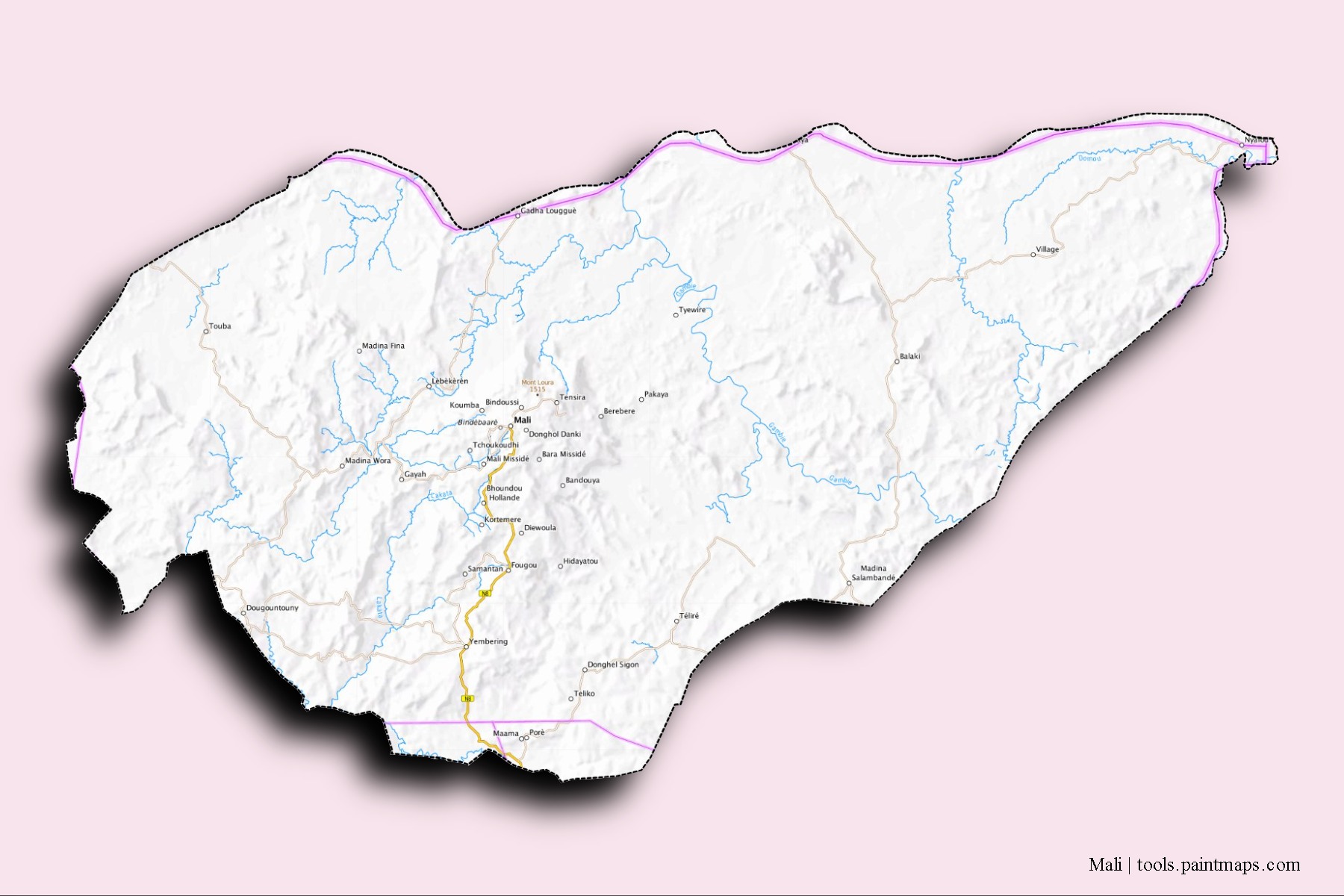 Mapa de barrios y pueblos de Mali con efecto de sombra 3D