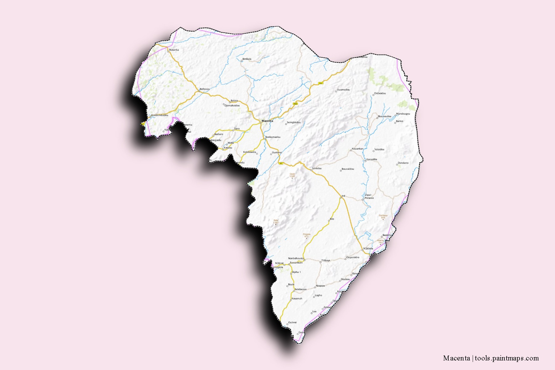 Mapa de barrios y pueblos de Macenta con efecto de sombra 3D