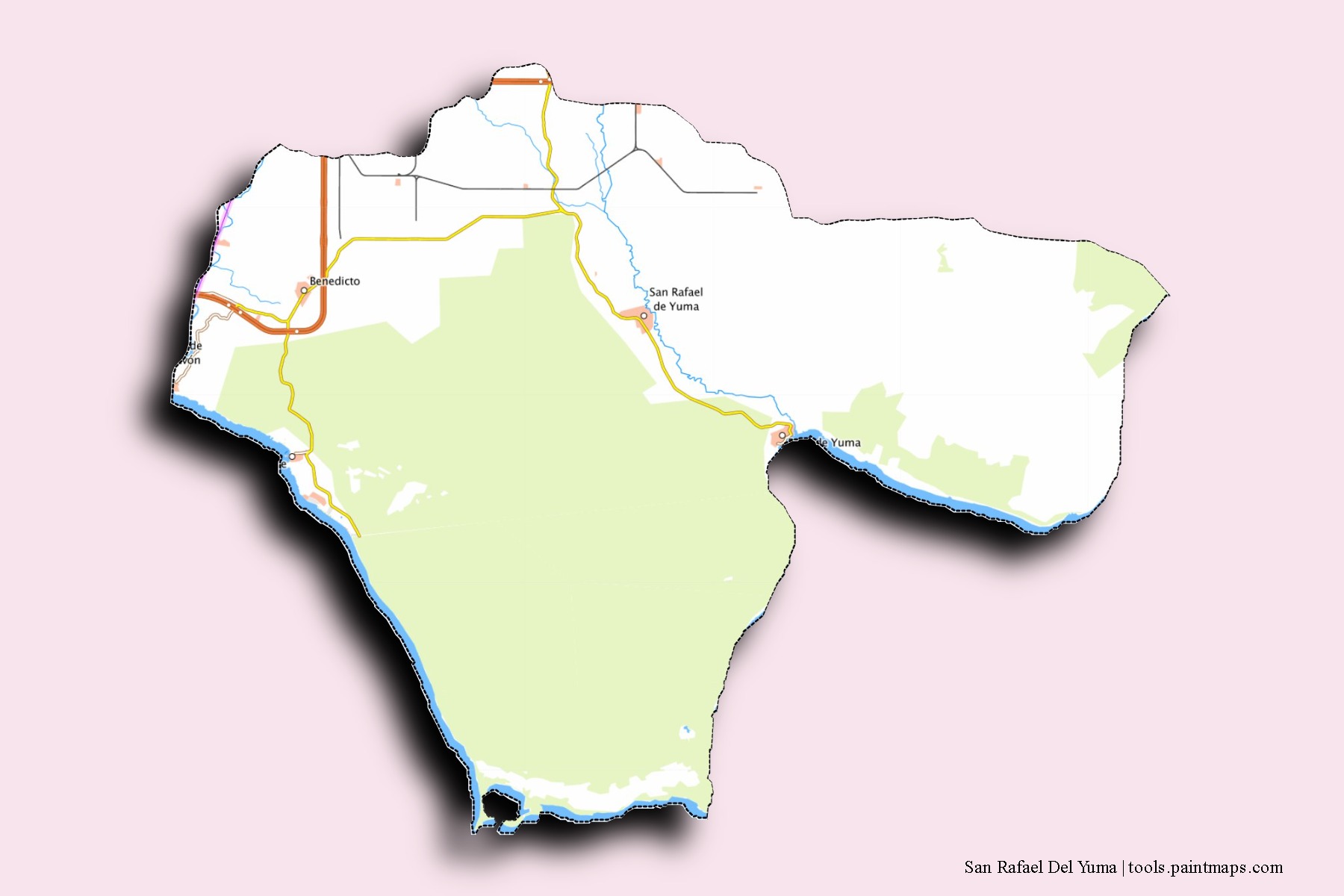 Mapa de barrios y pueblos de San Rafael Del Yuma con efecto de sombra 3D